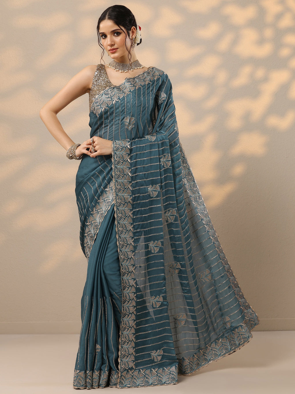 Blue Embellished Banarasi Chinon Saree With Unstitched Blouse Piece