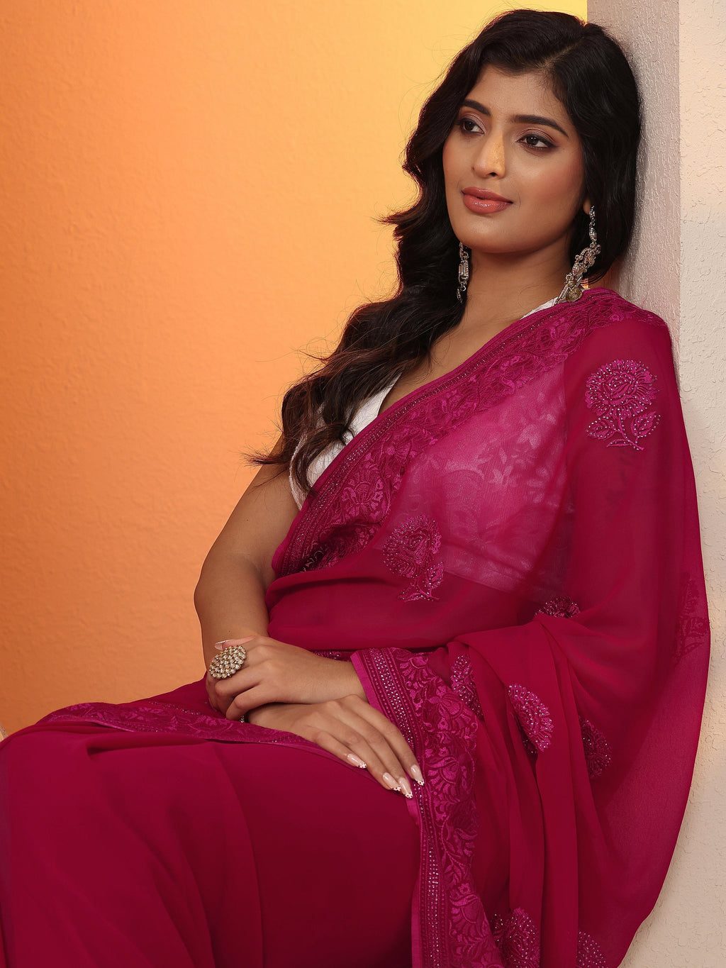 Pink Embroidered Georgette Saree With Unstitched Blouse Piece