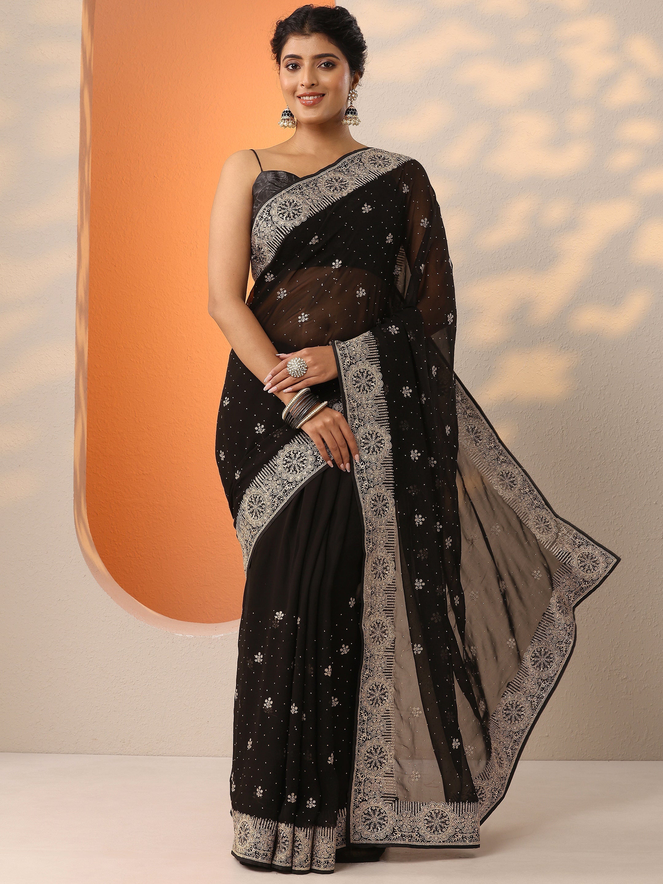 Black Embroidered Georgette Saree With Unstitched Blouse Piece