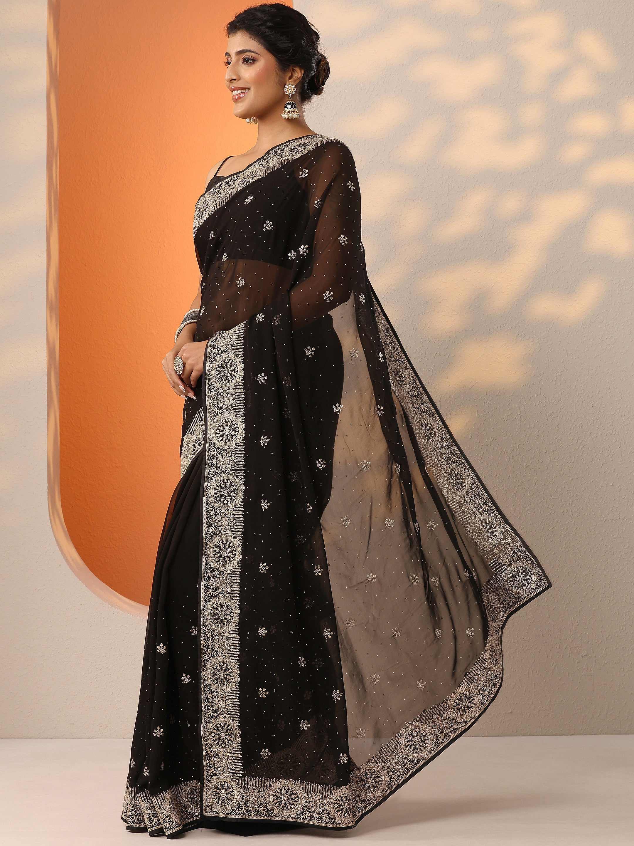 Black Embroidered Georgette Saree With Unstitched Blouse Piece