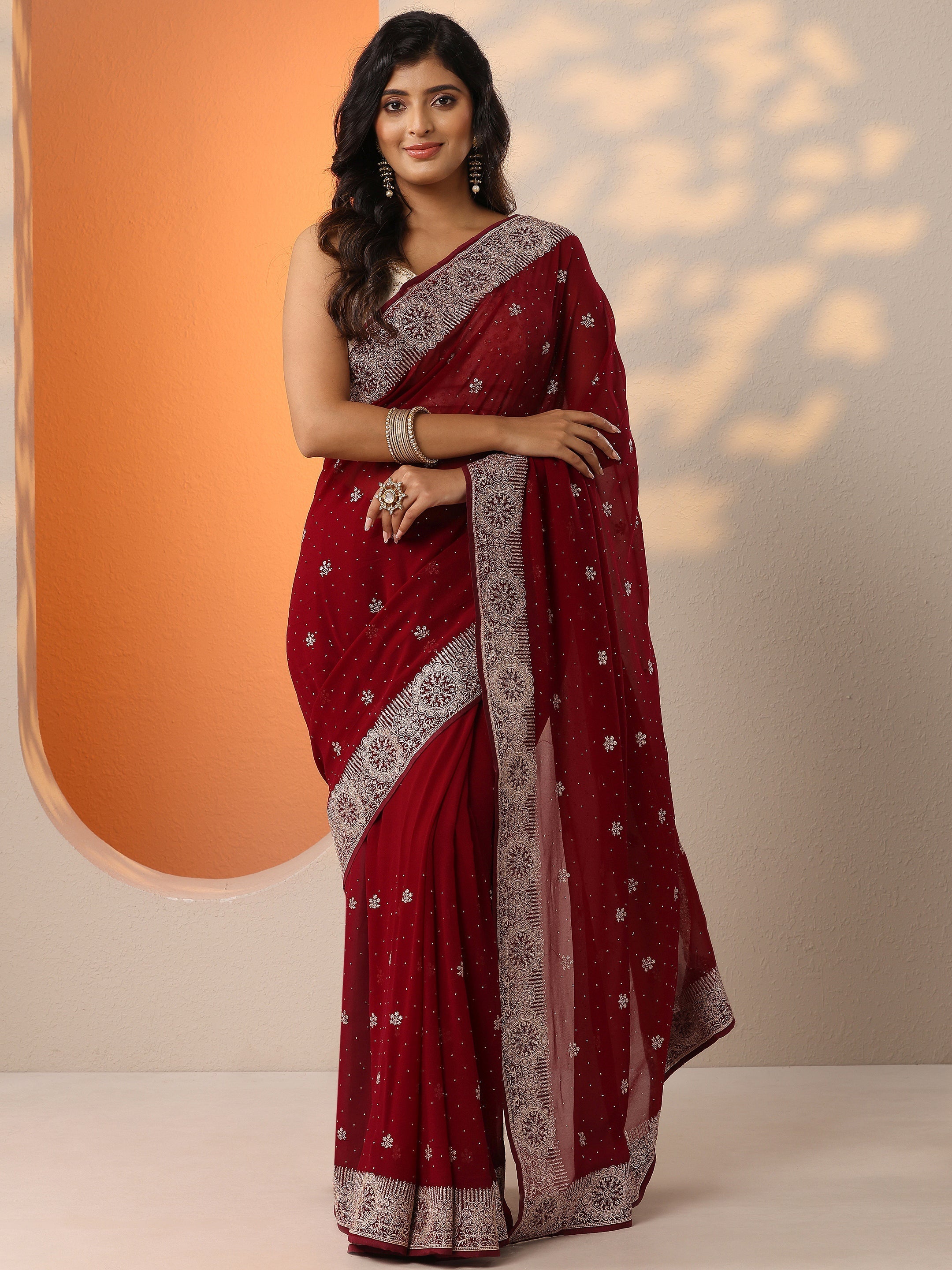Maroon Embroidered Georgette Saree With Unstitched Blouse Piece