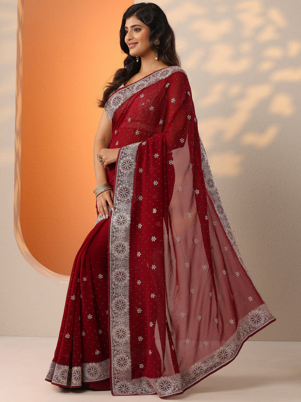 Maroon Embroidered Georgette Saree With Unstitched Blouse Piece
