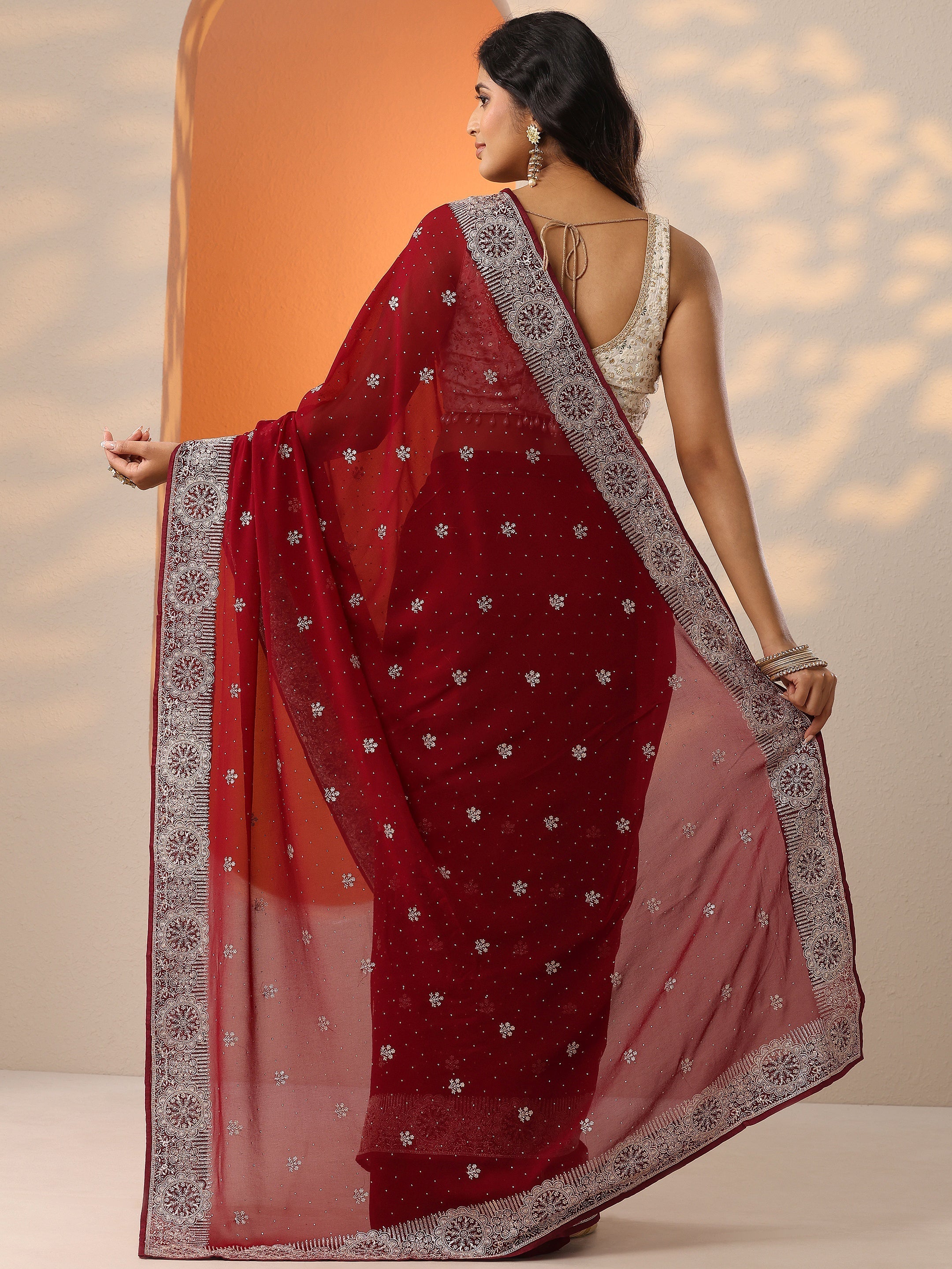 Maroon Embroidered Georgette Saree With Unstitched Blouse Piece