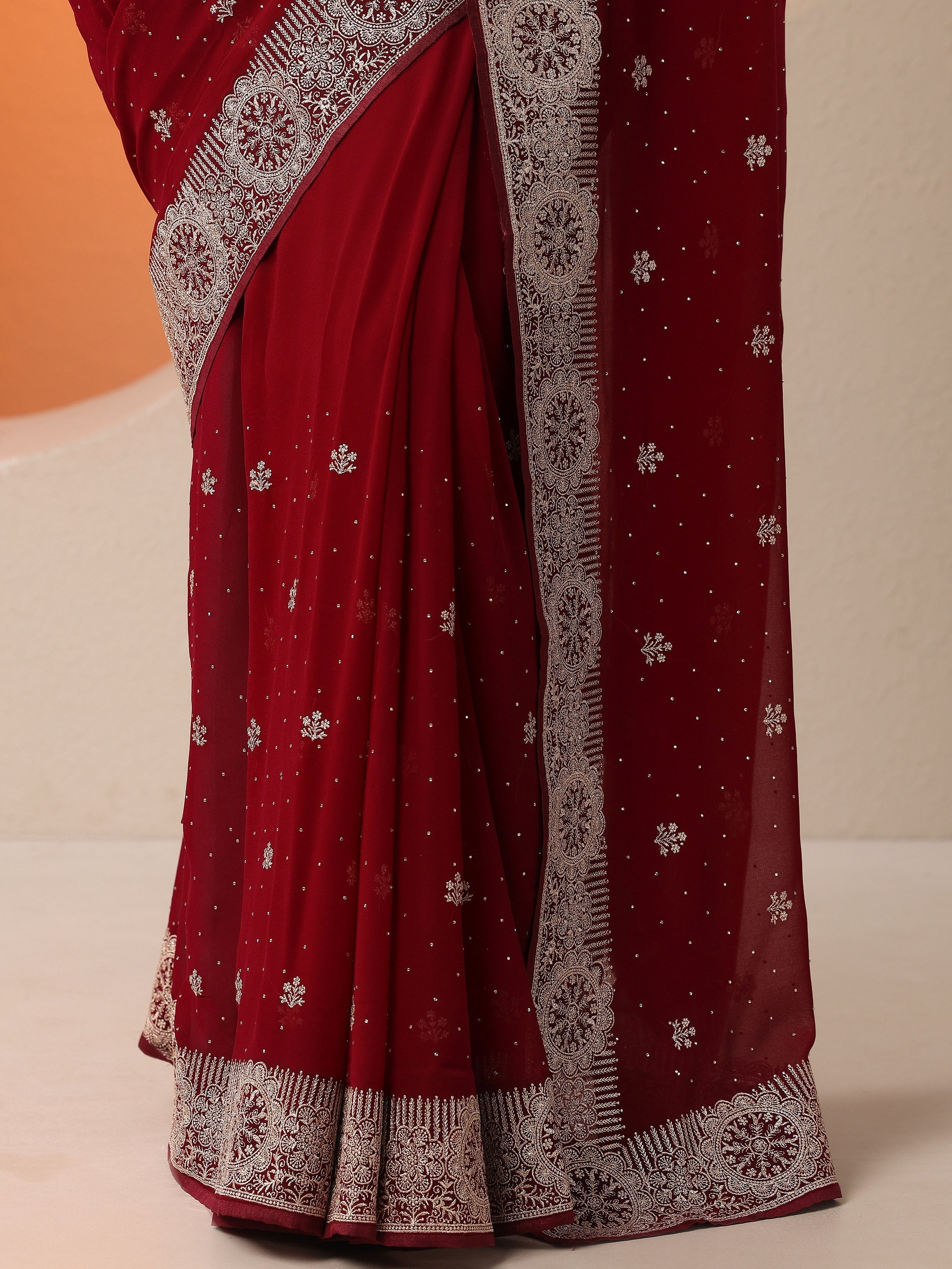 Maroon Embroidered Georgette Saree With Unstitched Blouse Piece