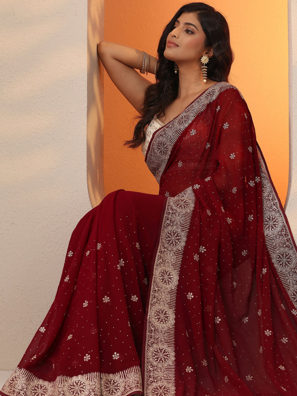 Maroon Embroidered Georgette Saree With Unstitched Blouse Piece