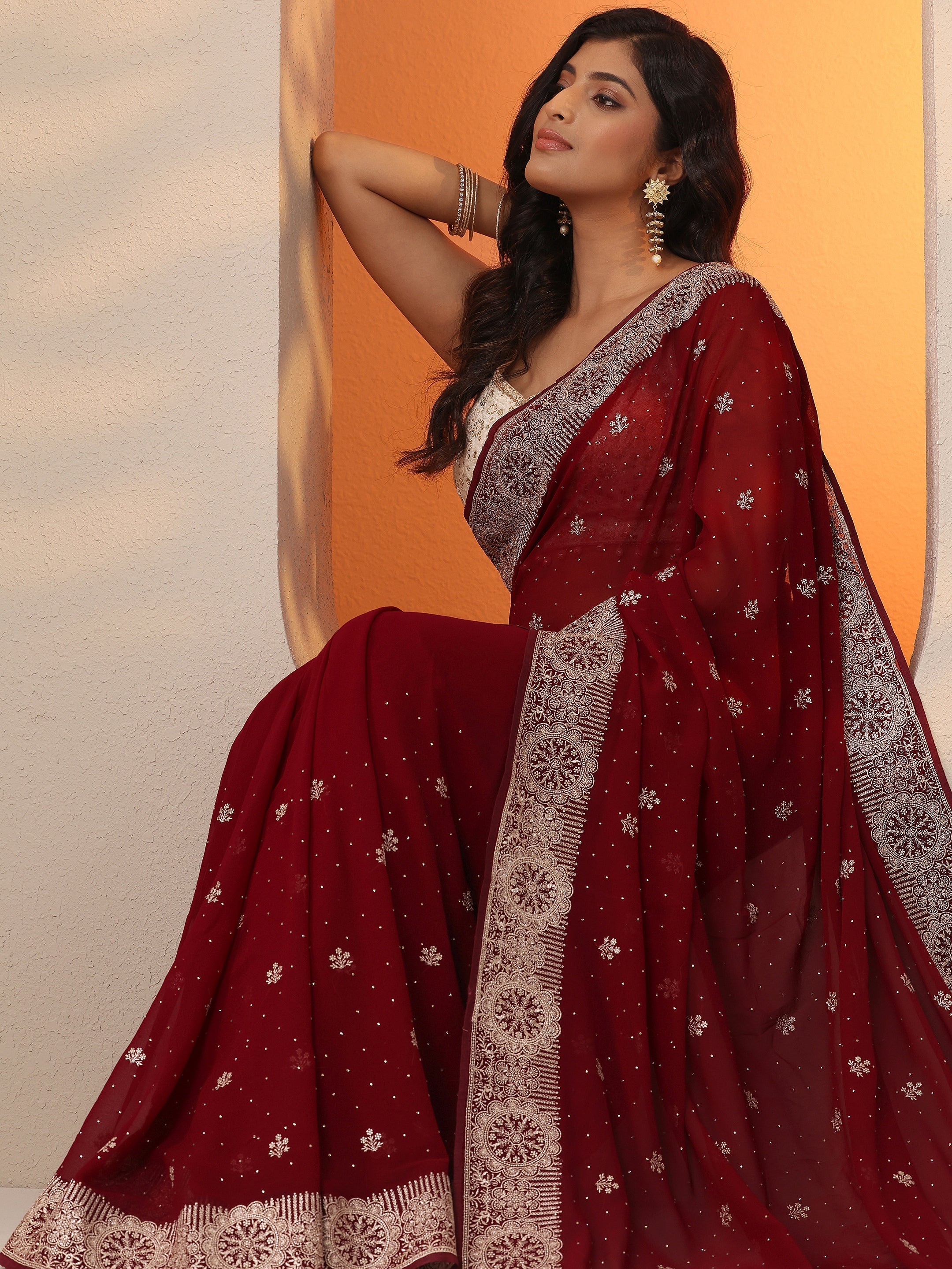 Maroon Embroidered Georgette Saree With Unstitched Blouse Piece