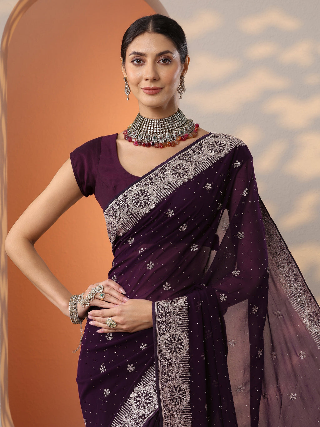 Burgundy Embroidered Georgette Saree With Unstitched Blouse Piece