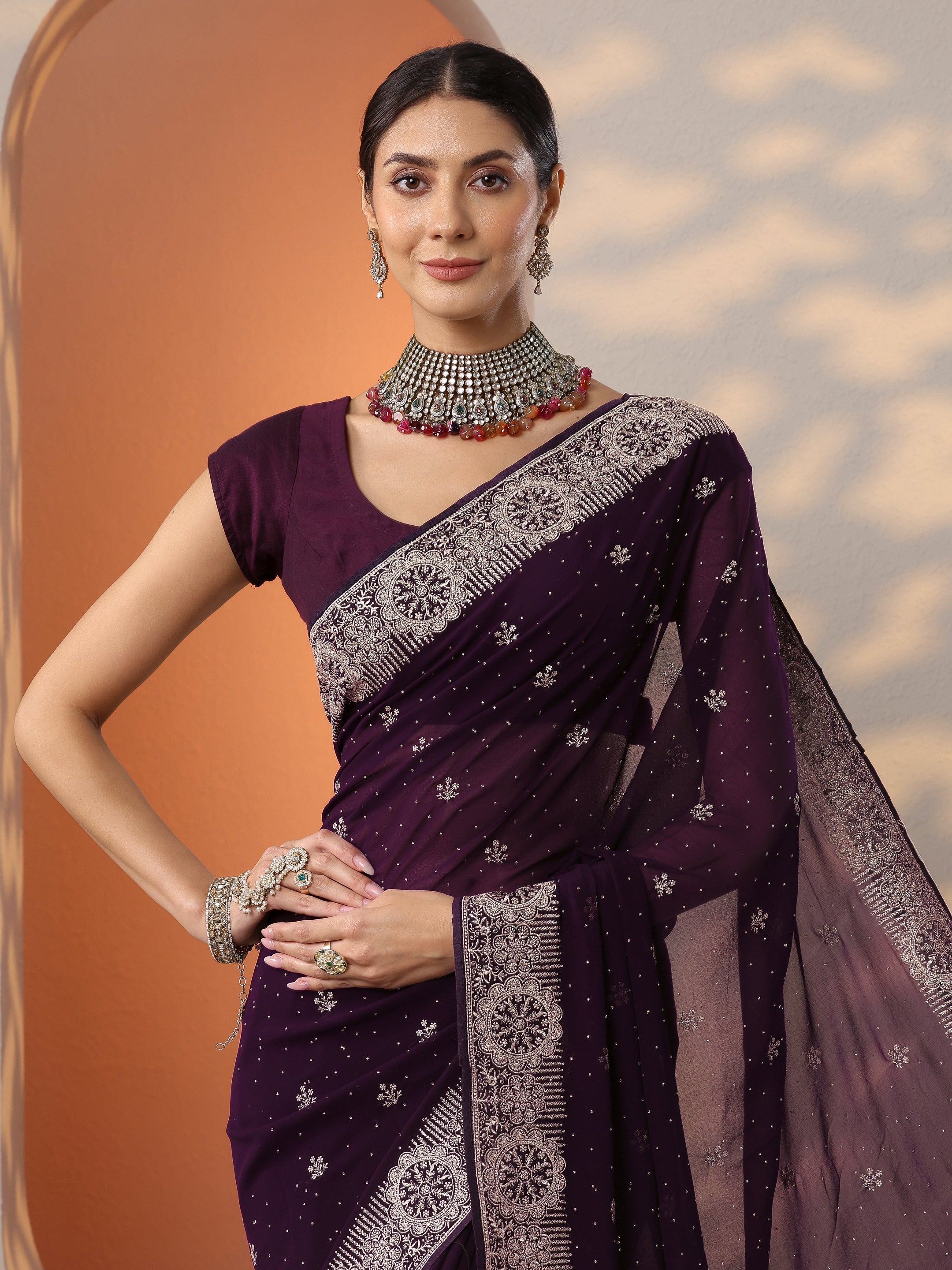 Burgundy Embroidered Georgette Saree With Unstitched Blouse Piece