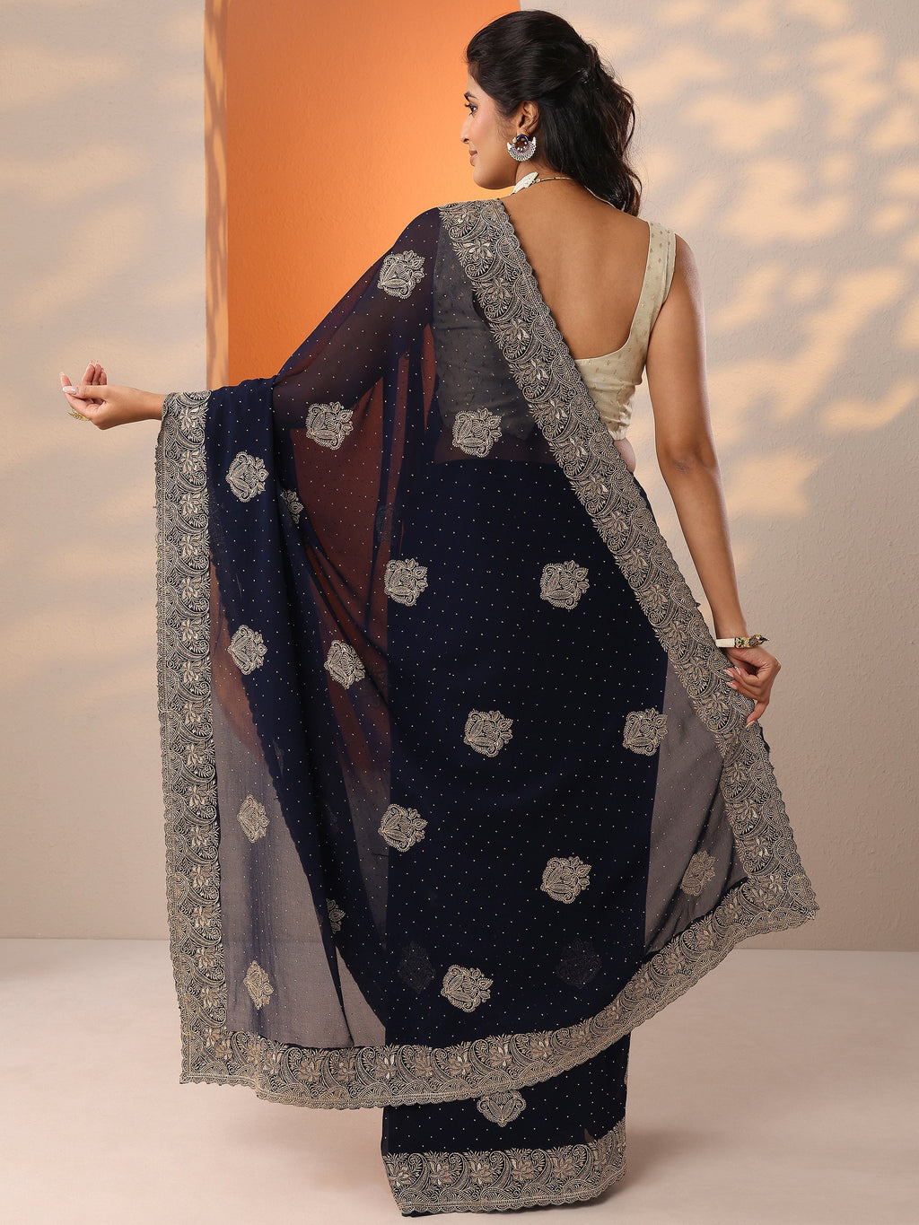Navy Blue Embroidered Georgette Saree With Unstitched Blouse Piece