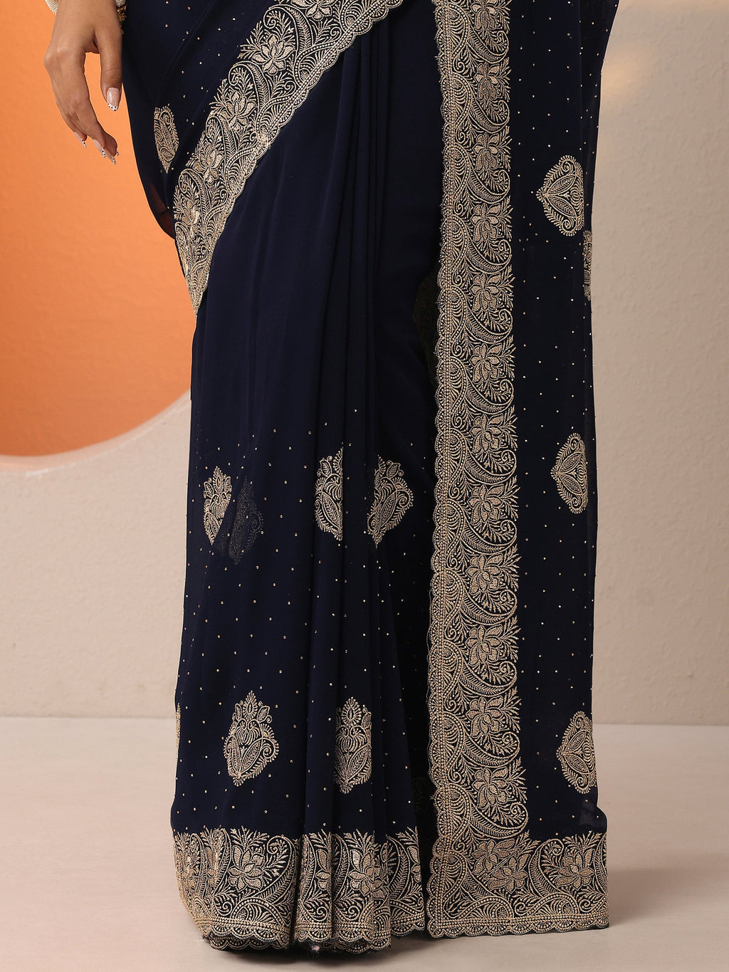 Navy Blue Embroidered Georgette Saree With Unstitched Blouse Piece