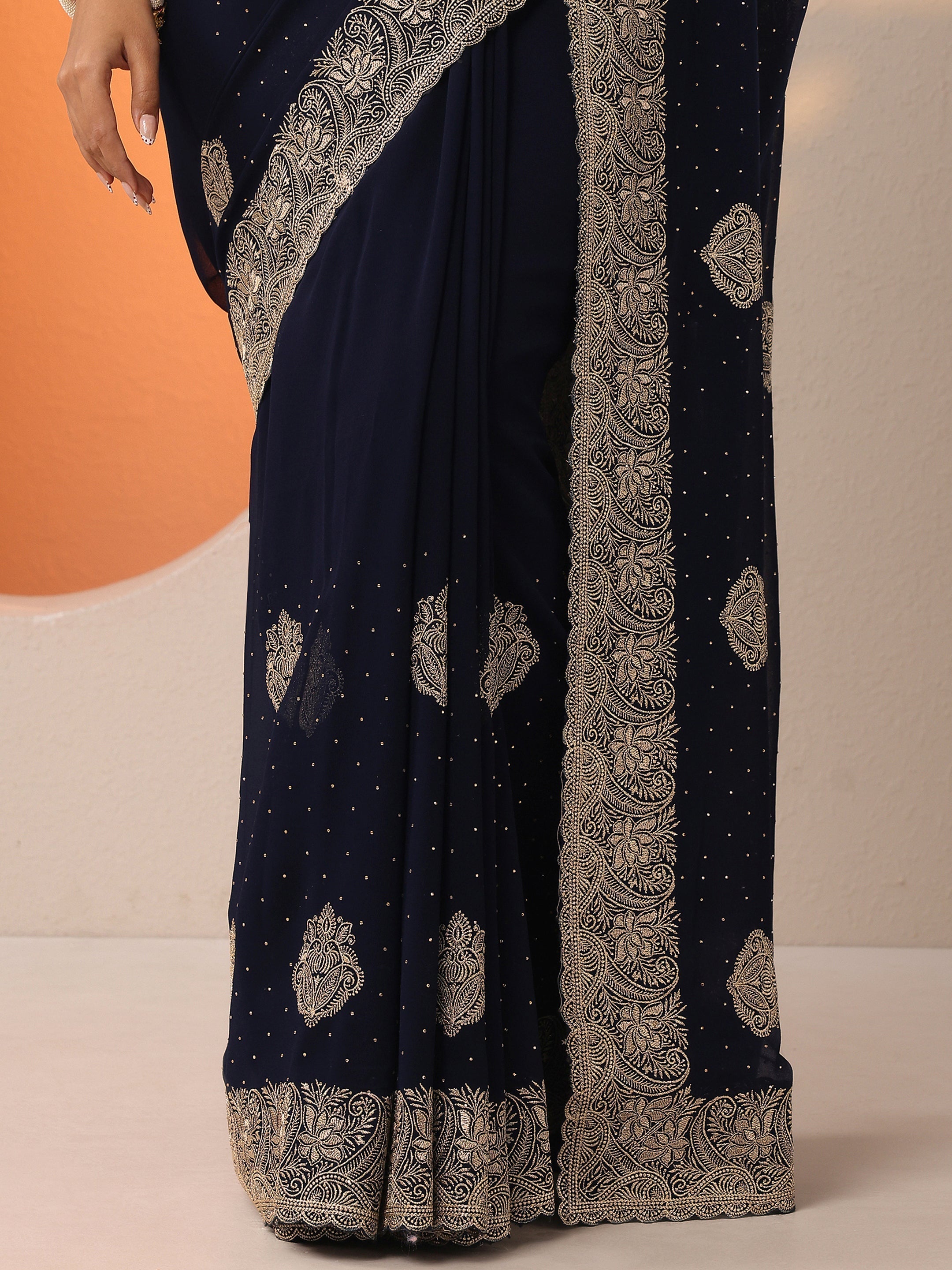 Navy Blue Embroidered Georgette Saree With Unstitched Blouse Piece