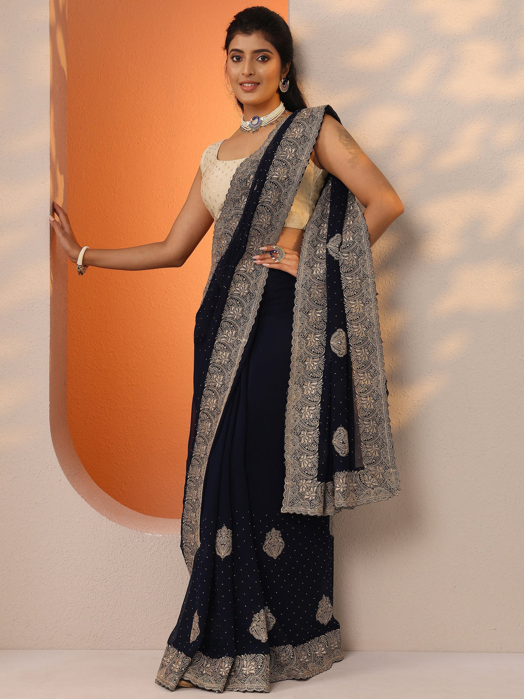 Navy Blue Embroidered Georgette Saree With Unstitched Blouse Piece