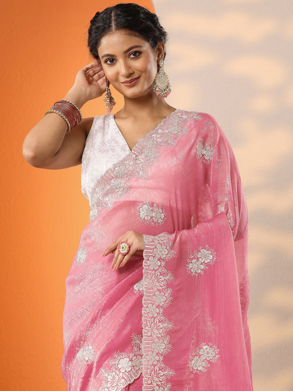 Coral Embroidered Organza Saree With Unstitched Blouse Piece