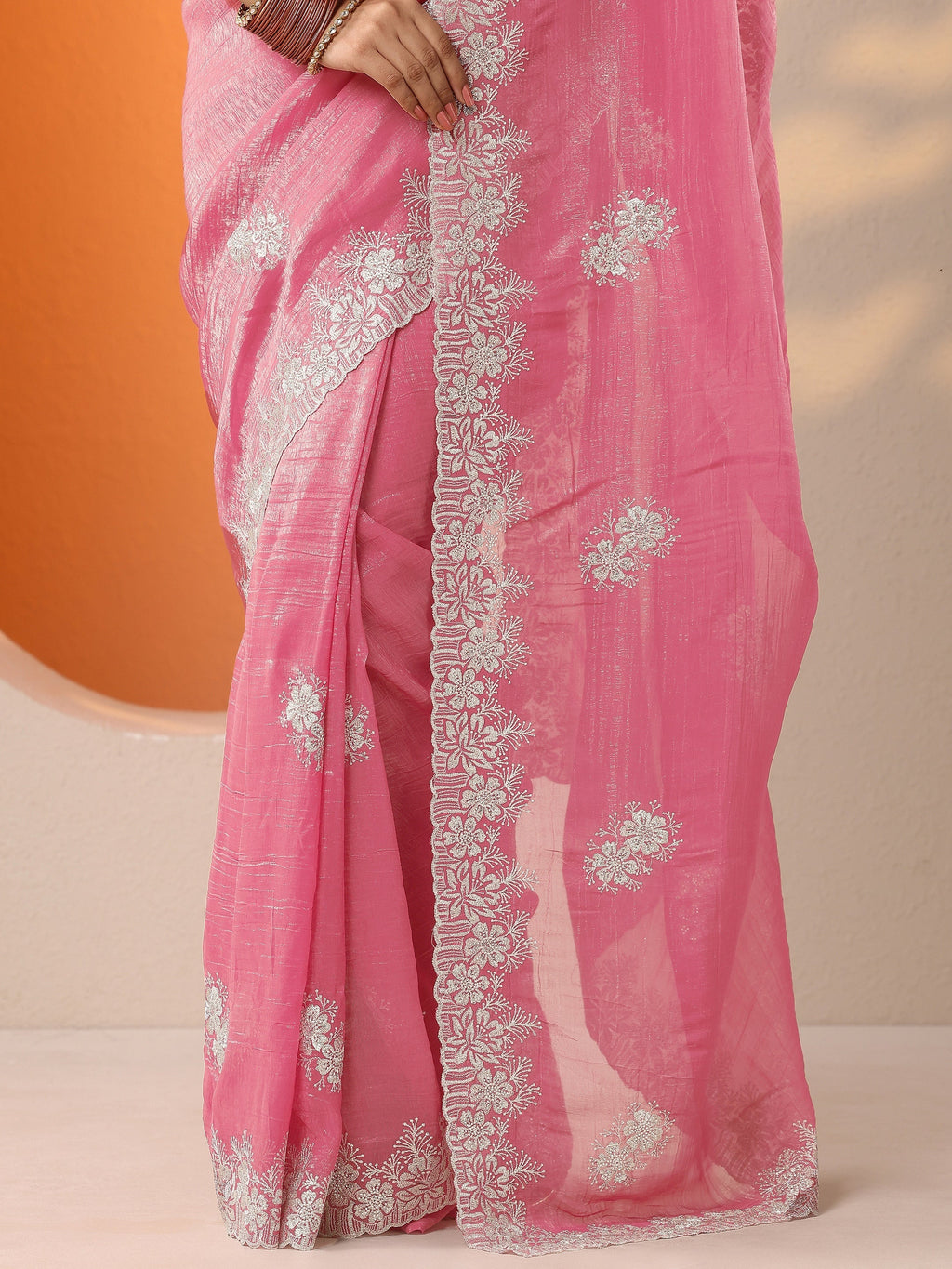 Coral Embroidered Organza Saree With Unstitched Blouse Piece