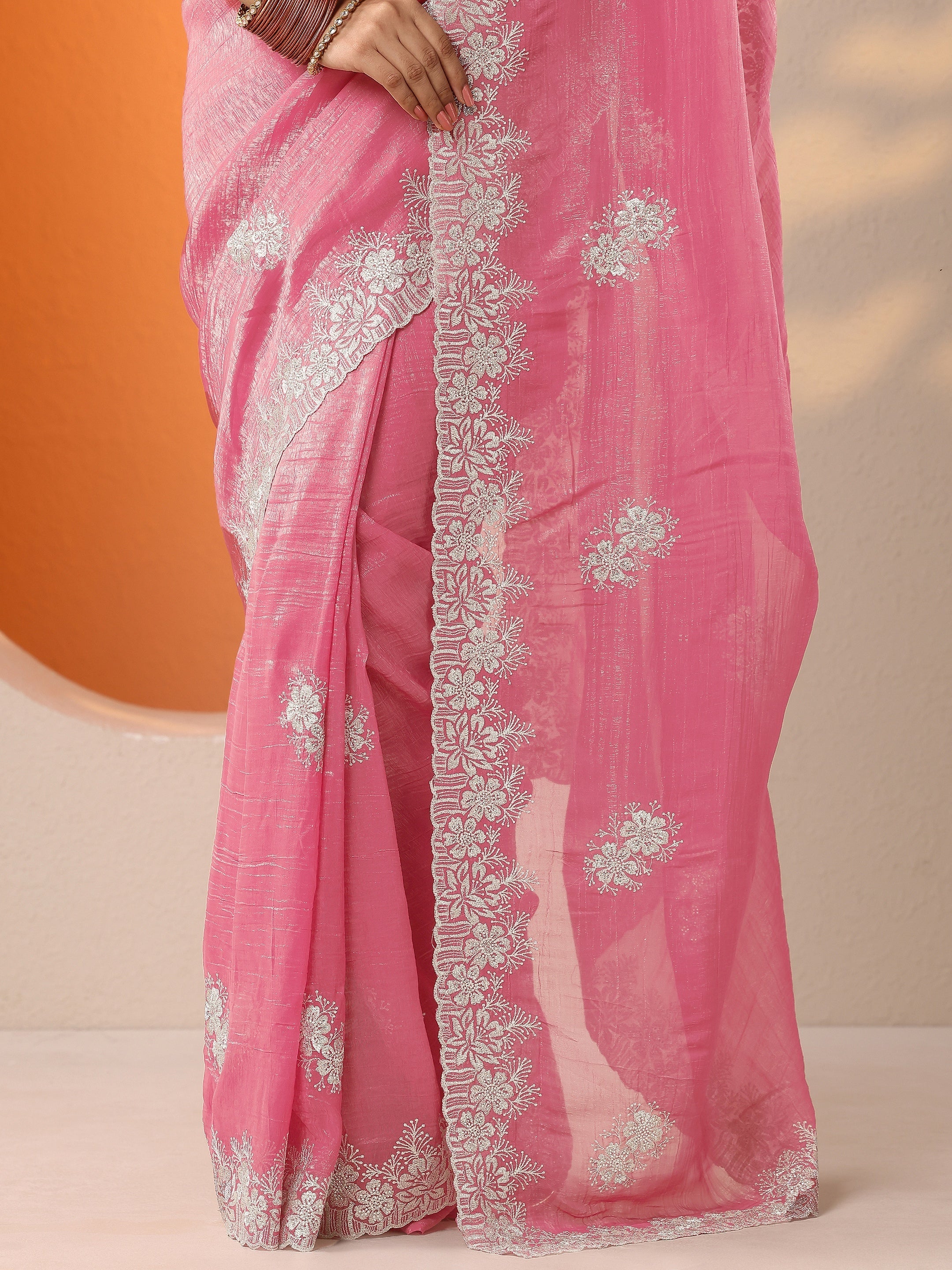 Coral Embroidered Organza Saree With Unstitched Blouse Piece