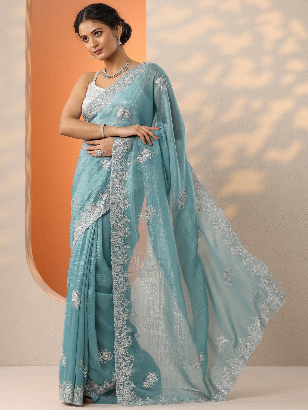 Blue Embroidered Organza Saree With Unstitched Blouse Piece