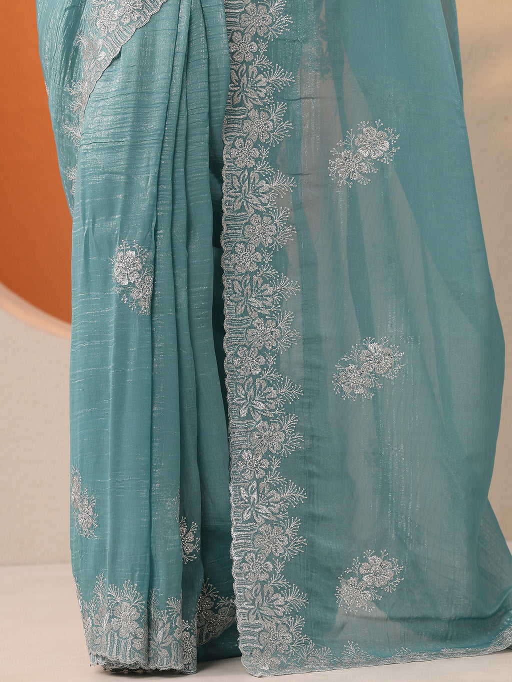 Blue Embroidered Organza Saree With Unstitched Blouse Piece