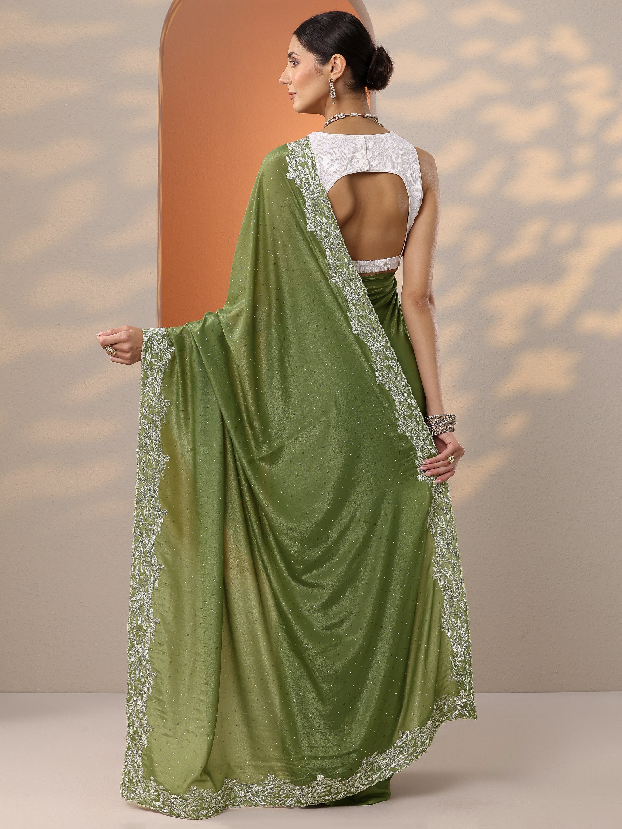 Green Embellished Chinon Saree With Unstitched Blouse Piece