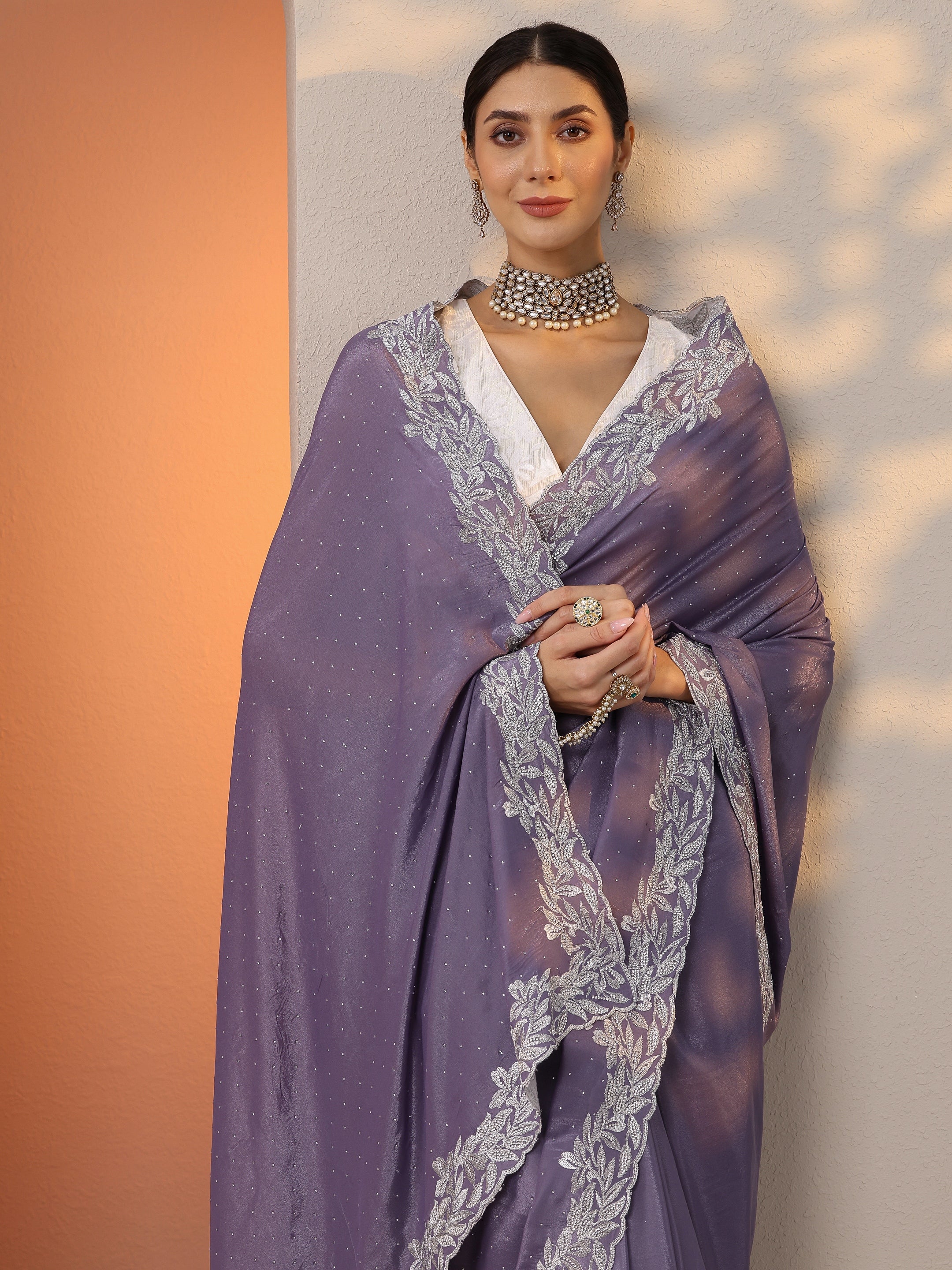 Lavender Embellished Chinon Saree With Unstitched Blouse Piece