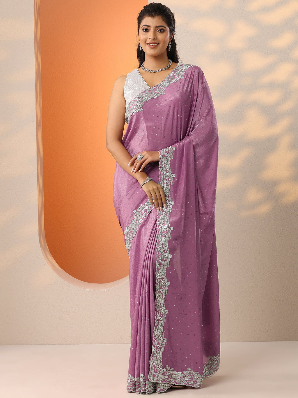 Mauve Embellished Chinon Saree With Unstitched Blouse Piece