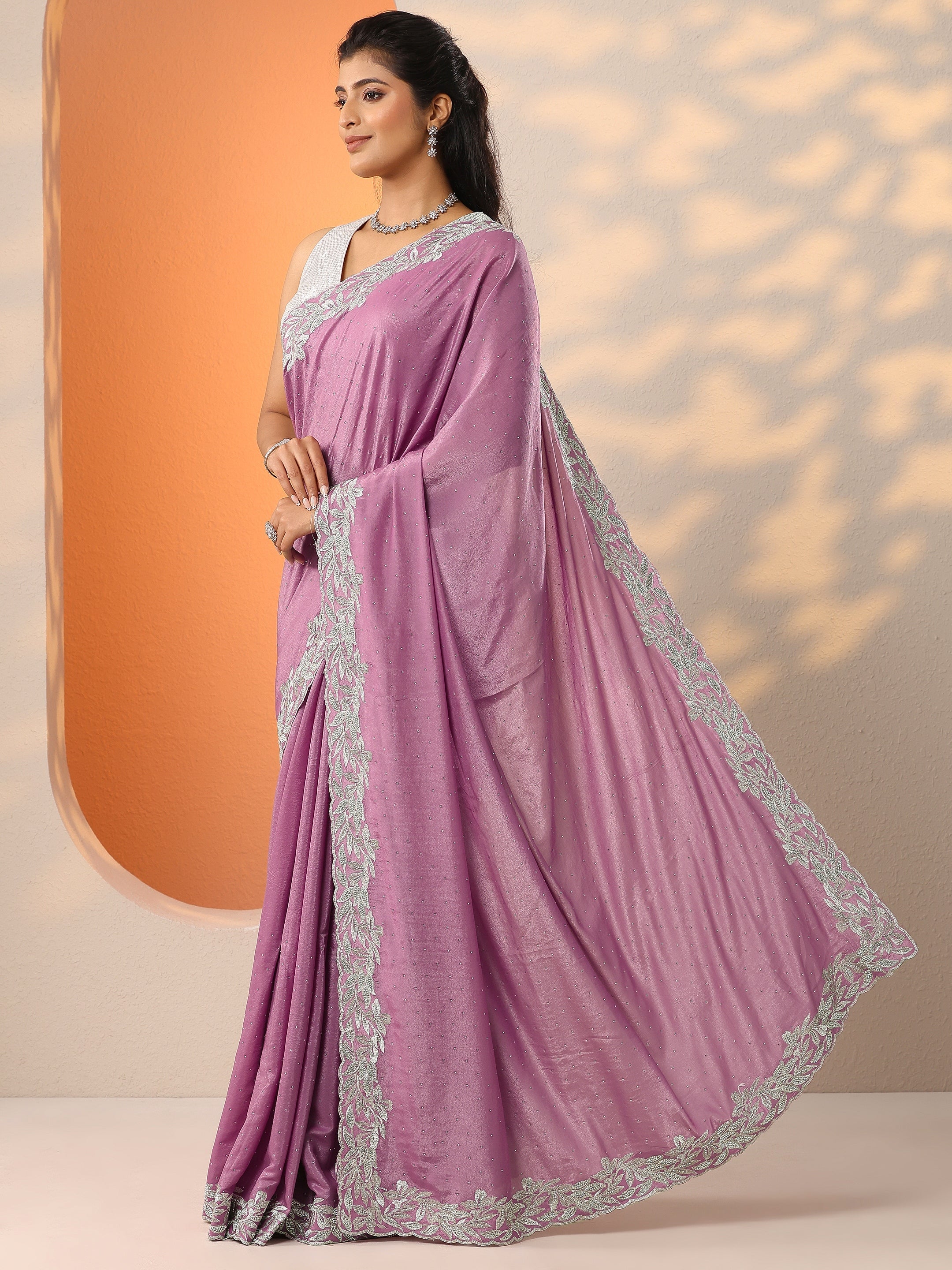 Mauve Embellished Chinon Saree With Unstitched Blouse Piece