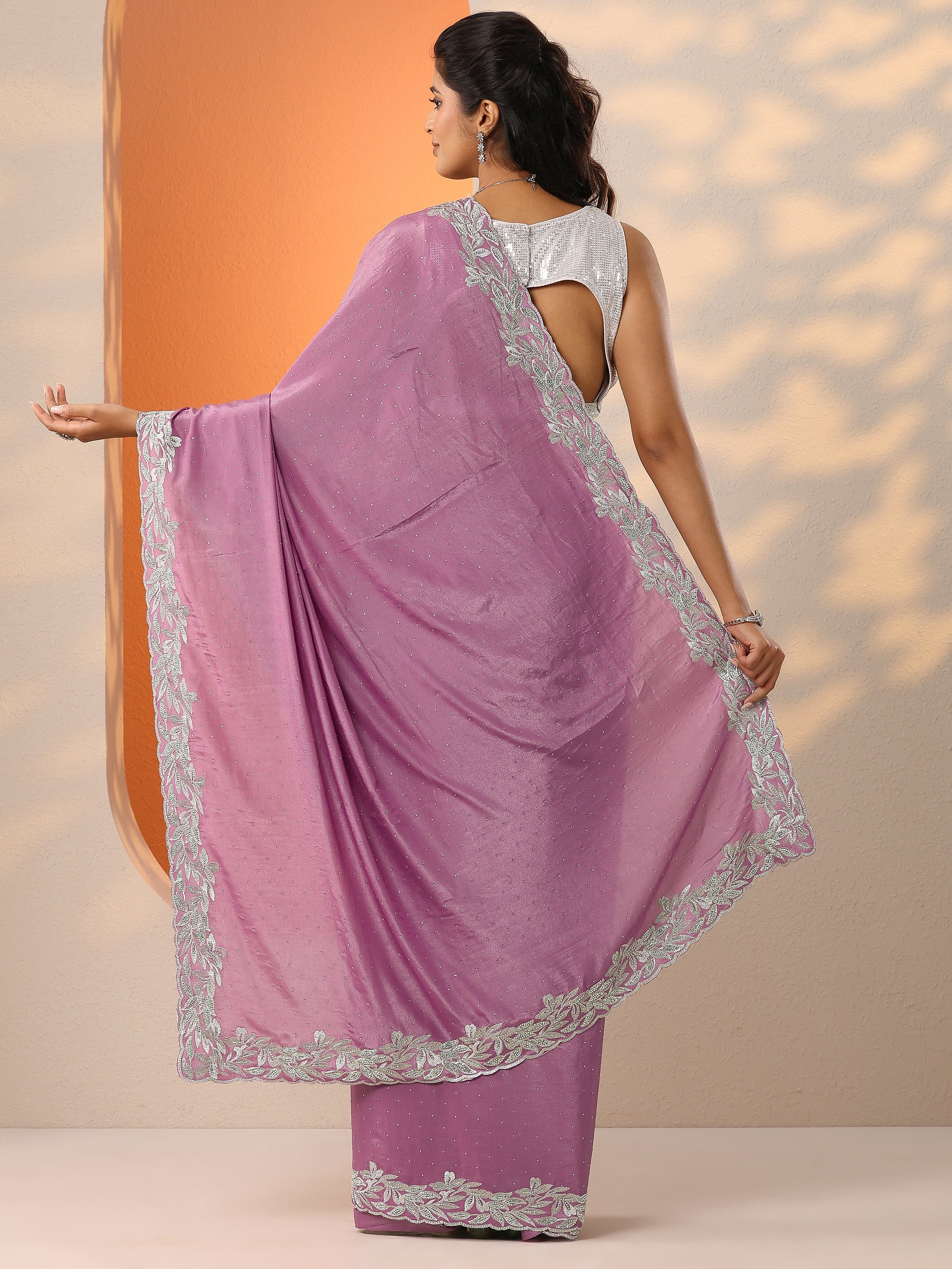 Mauve Embellished Chinon Saree With Unstitched Blouse Piece