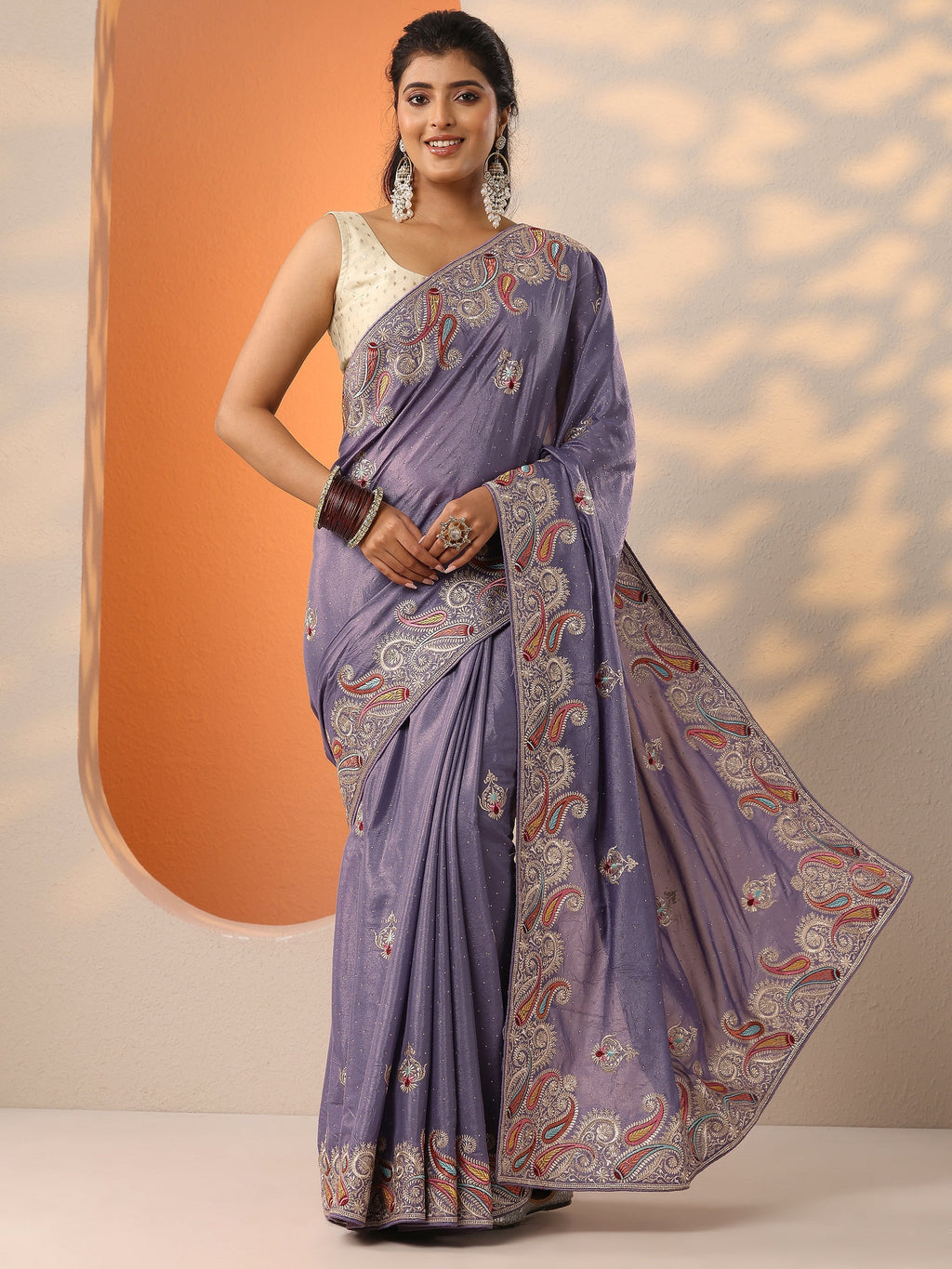Lavender Embroidered Chinon Saree With Unstitched Blouse Piece