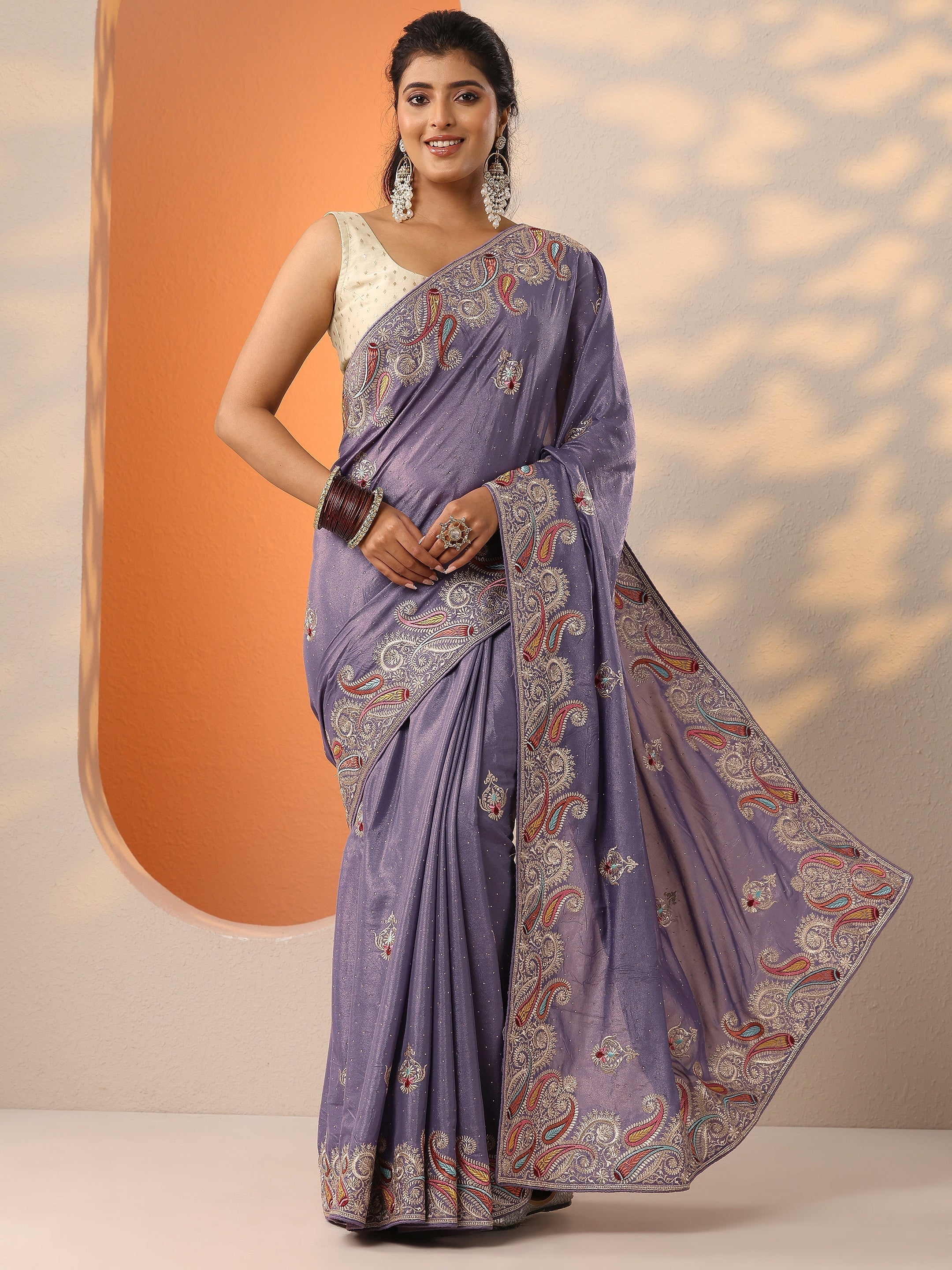 Lavender Embroidered Chinon Saree With Unstitched Blouse Piece