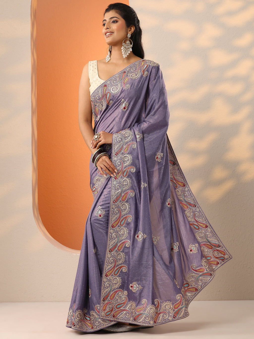 Lavender Embroidered Chinon Saree With Unstitched Blouse Piece