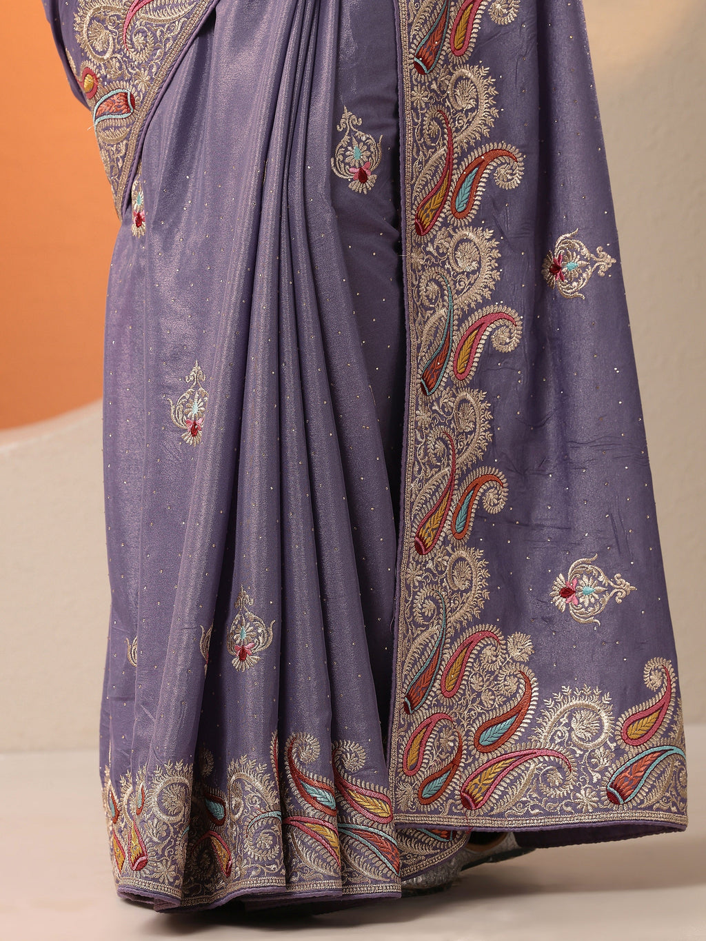 Lavender Embroidered Chinon Saree With Unstitched Blouse Piece