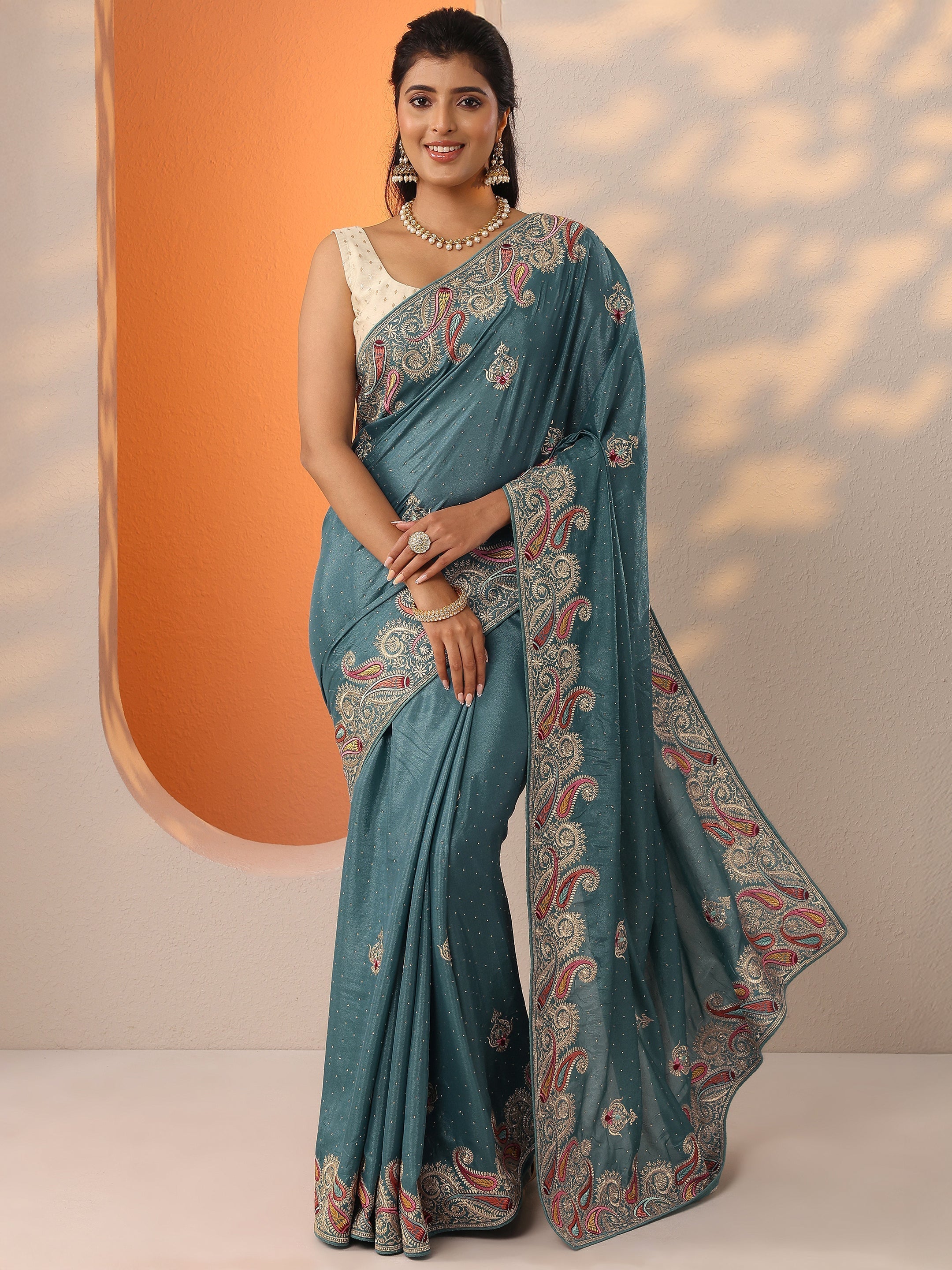 Blue Embroidered Chinon Saree With Unstitched Blouse Piece