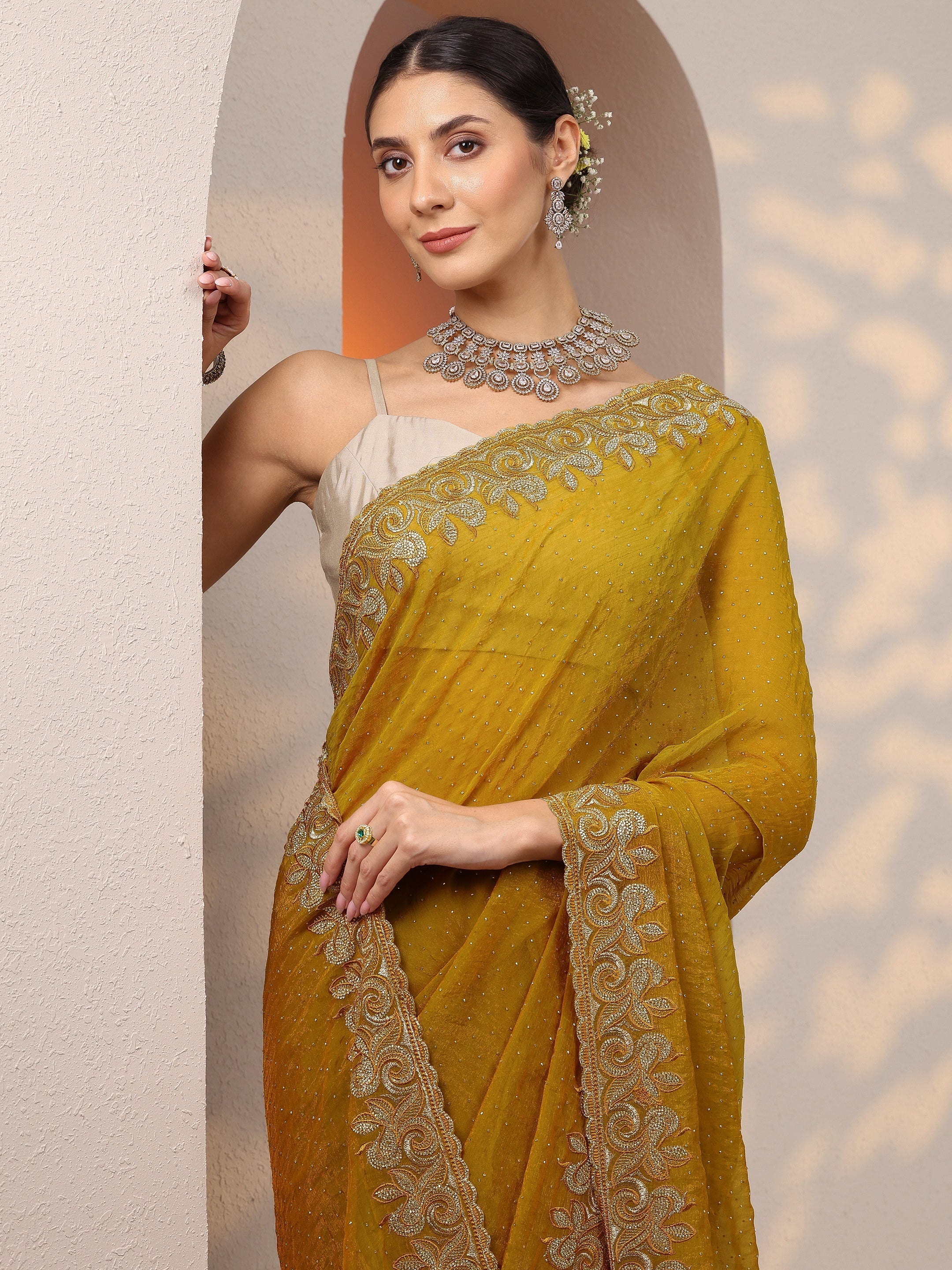 Mustard Embellished Organza Saree With Unstitched Blouse Piece