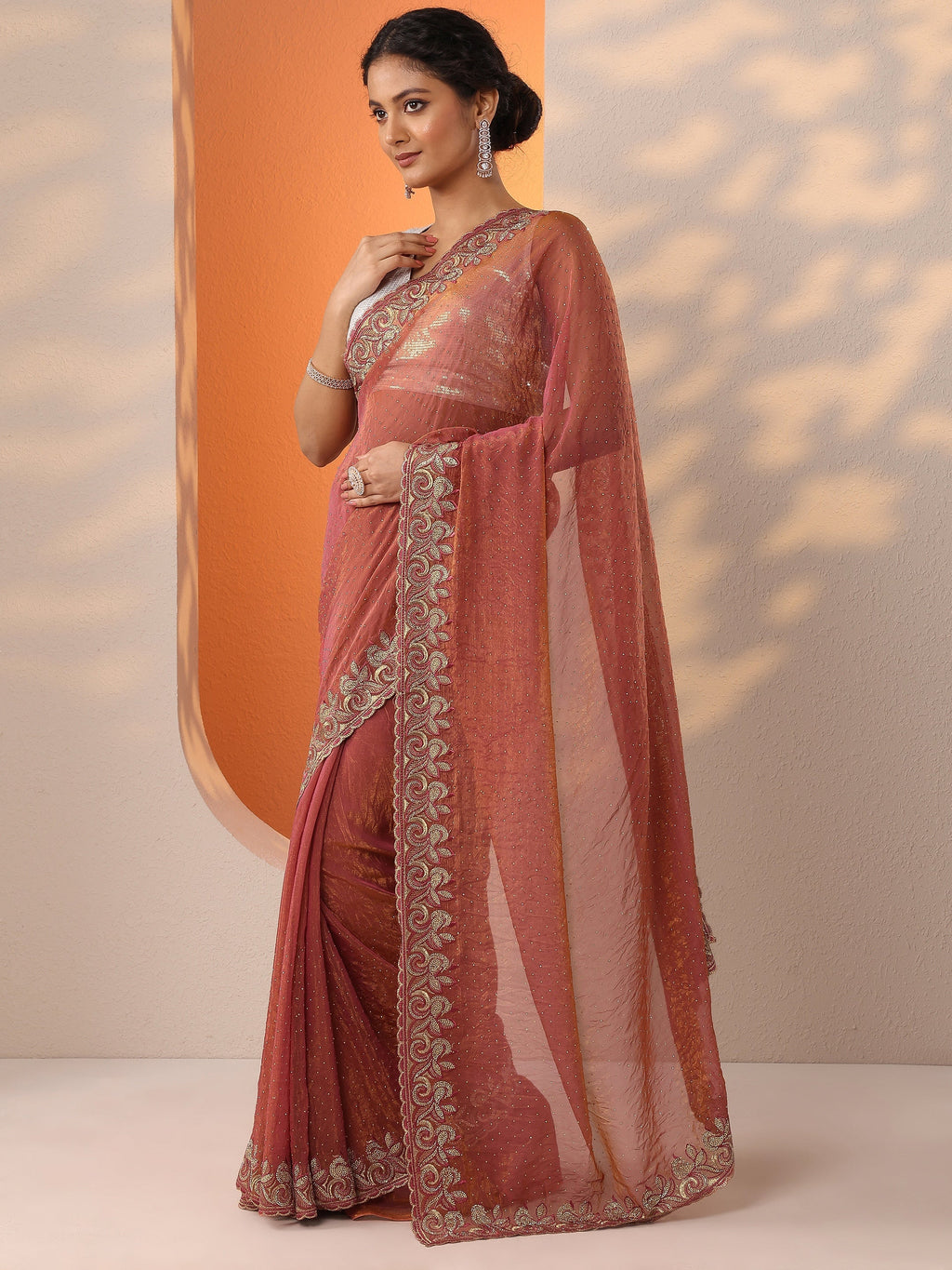 Pink Embellished Organza Saree With Unstitched Blouse Piece