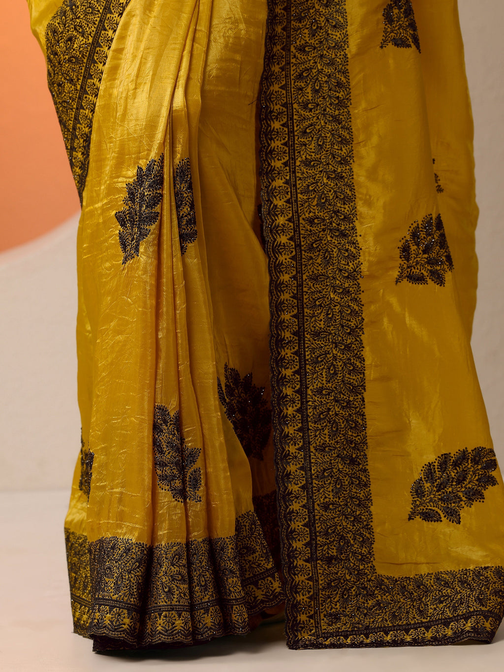 Mustard Embellished Banarasi Organza Saree With Unstitched Blouse Piece