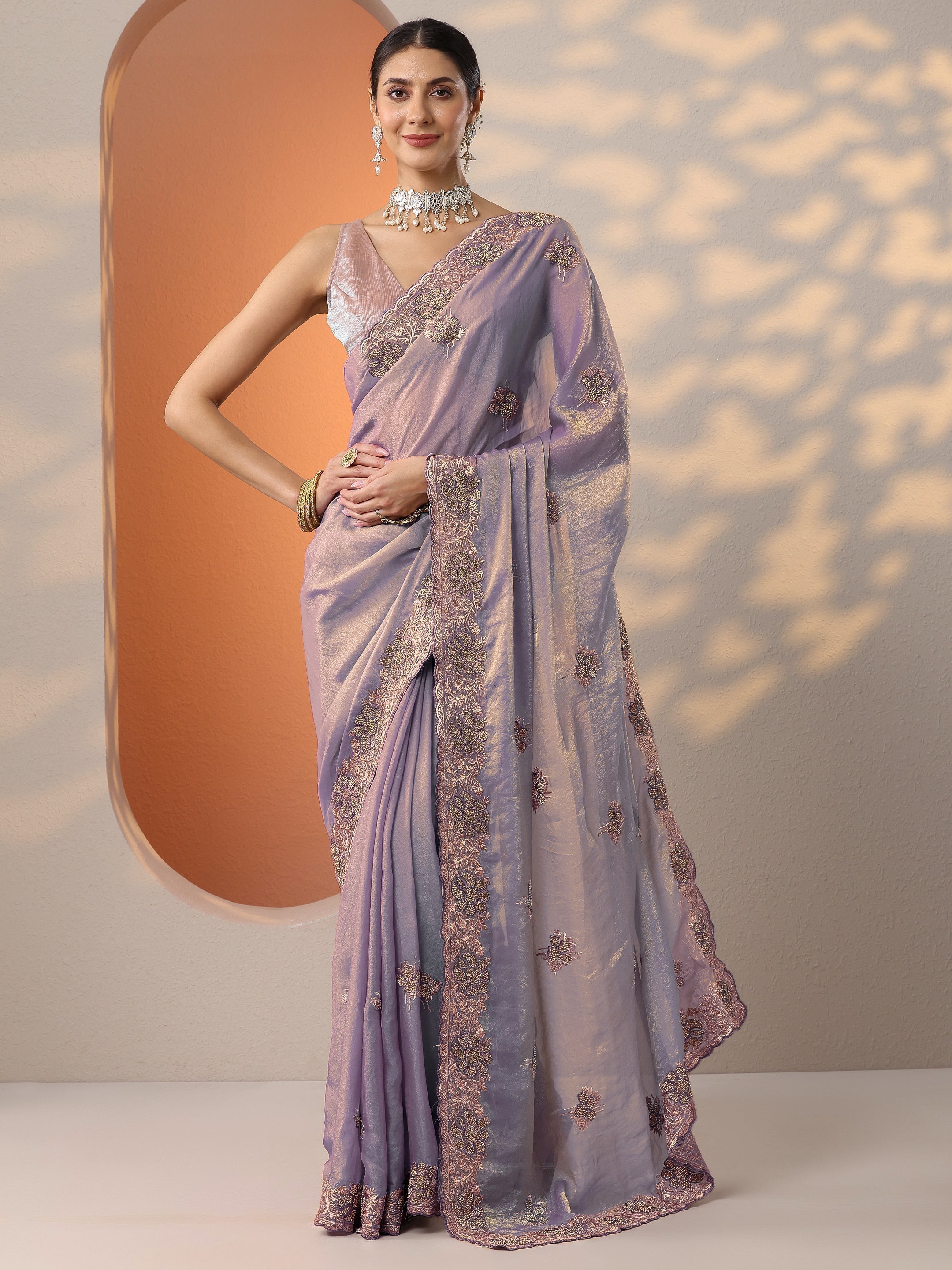 Lavender Embellished Organza Saree With Unstitched Blouse Piece