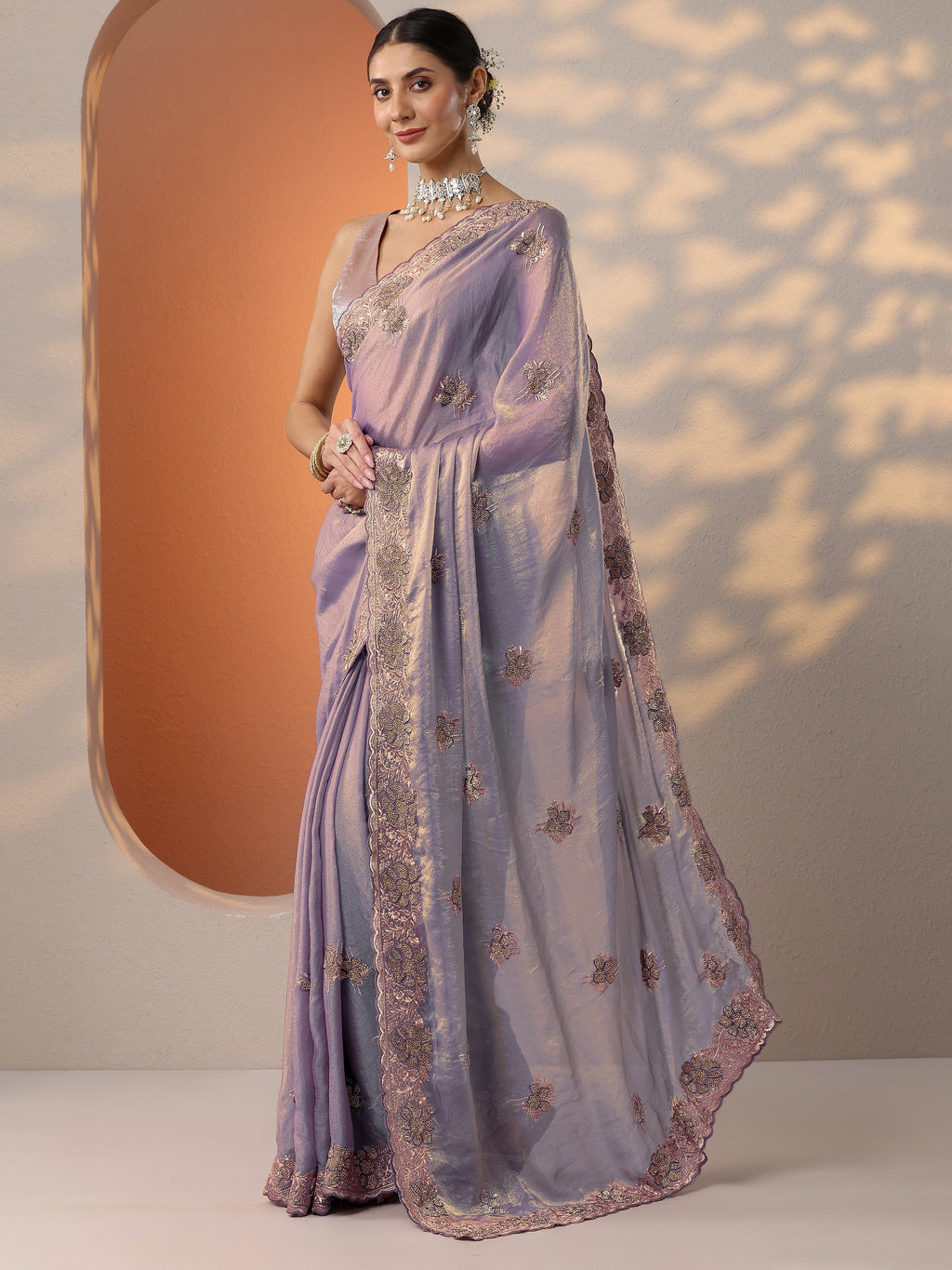 Lavender Embellished Organza Saree With Unstitched Blouse Piece