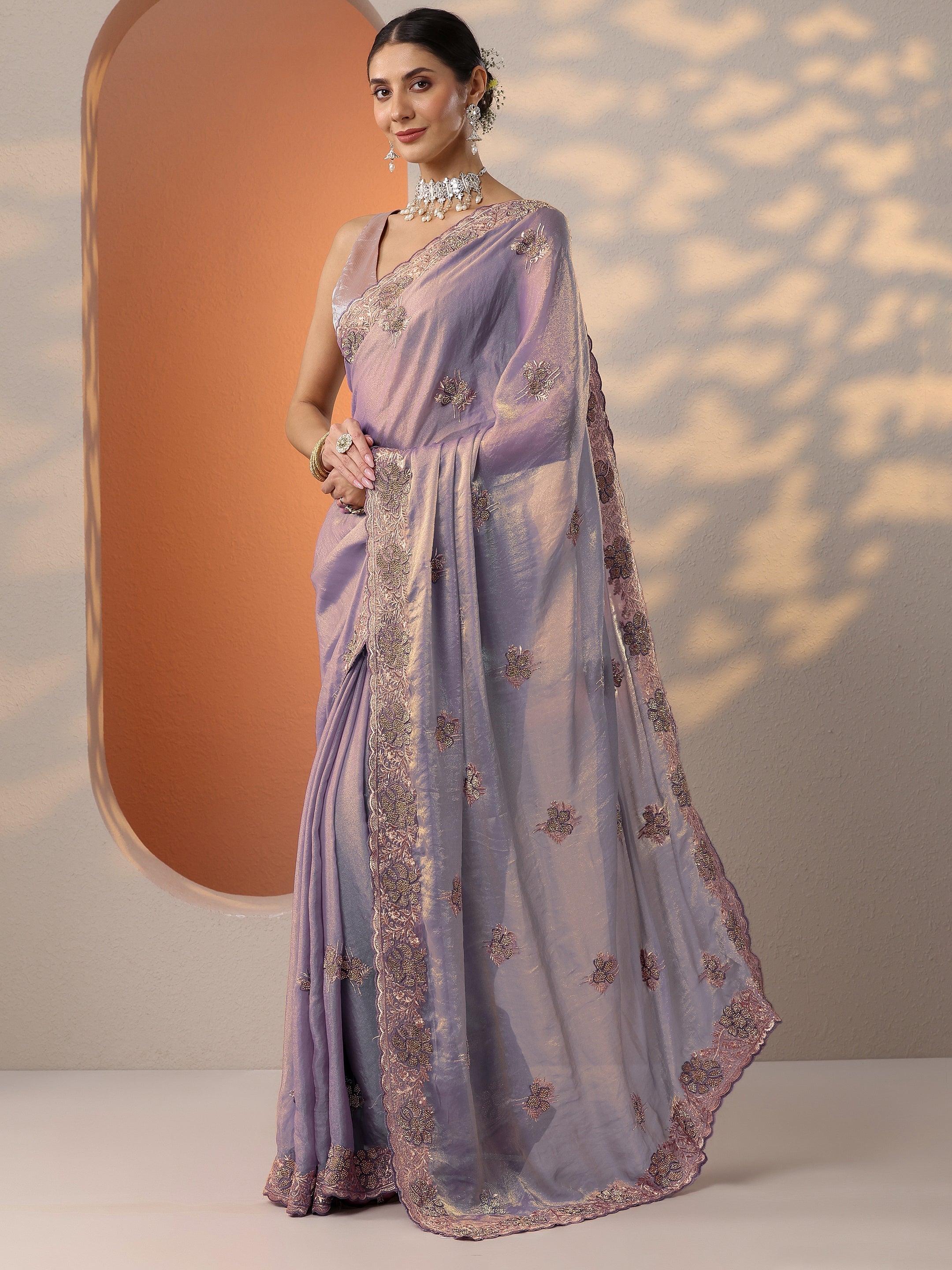 Lavender Embellished Organza Saree With Unstitched Blouse Piece