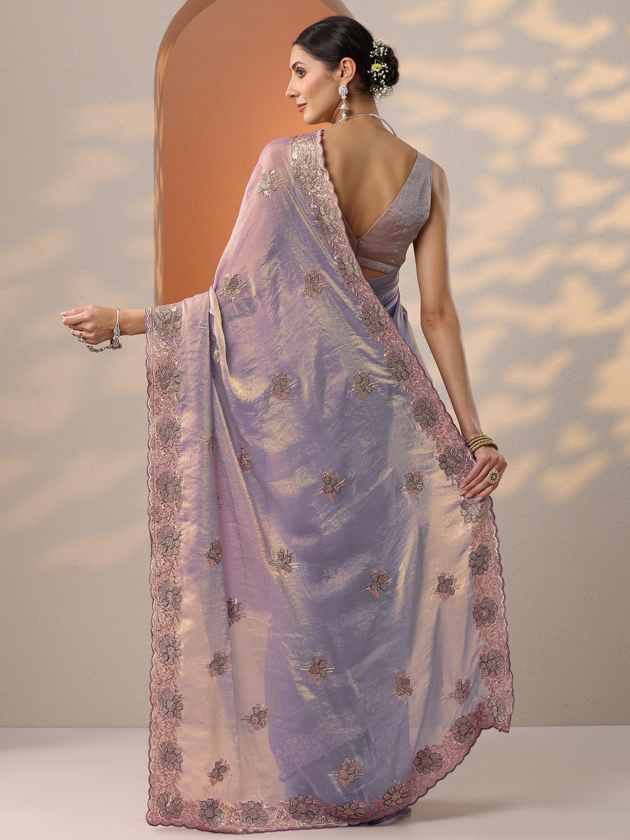 Lavender Embellished Organza Saree With Unstitched Blouse Piece