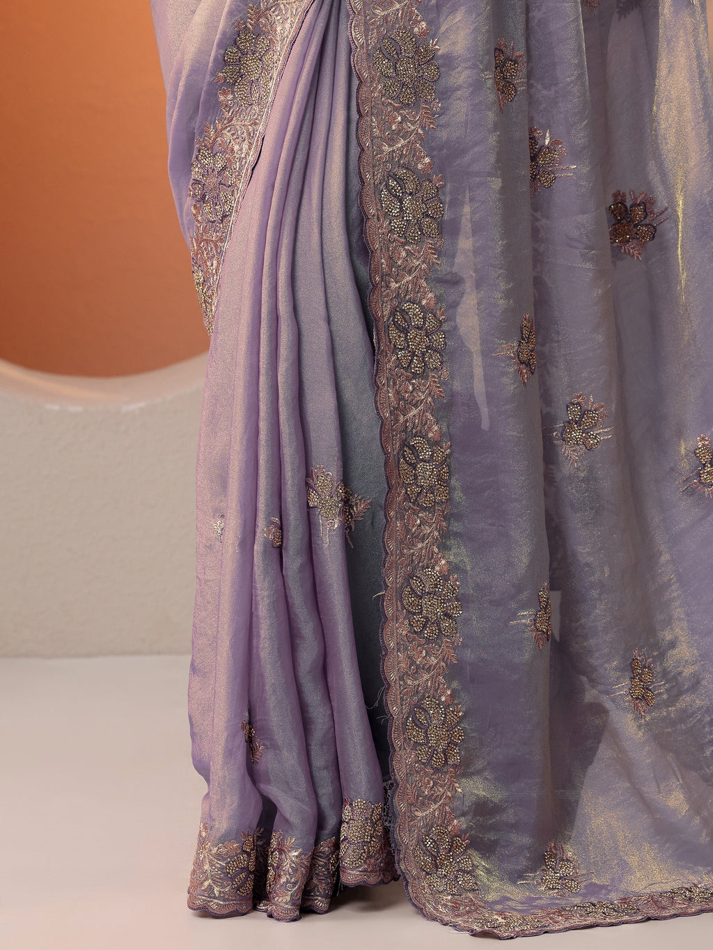 Lavender Embellished Organza Saree With Unstitched Blouse Piece