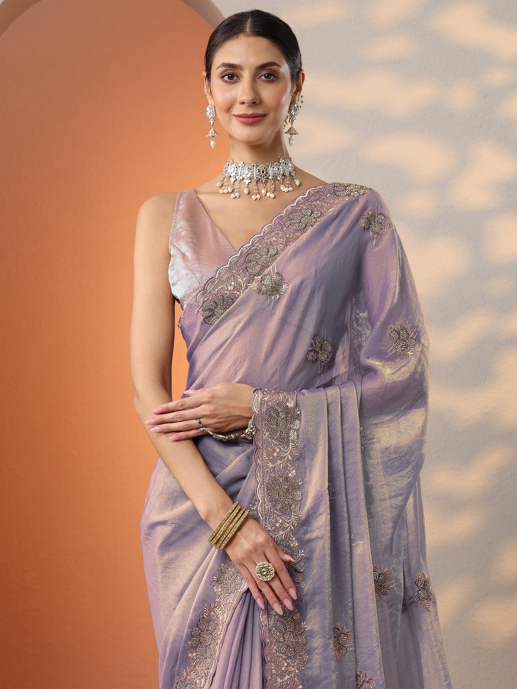 Lavender Embellished Organza Saree With Unstitched Blouse Piece