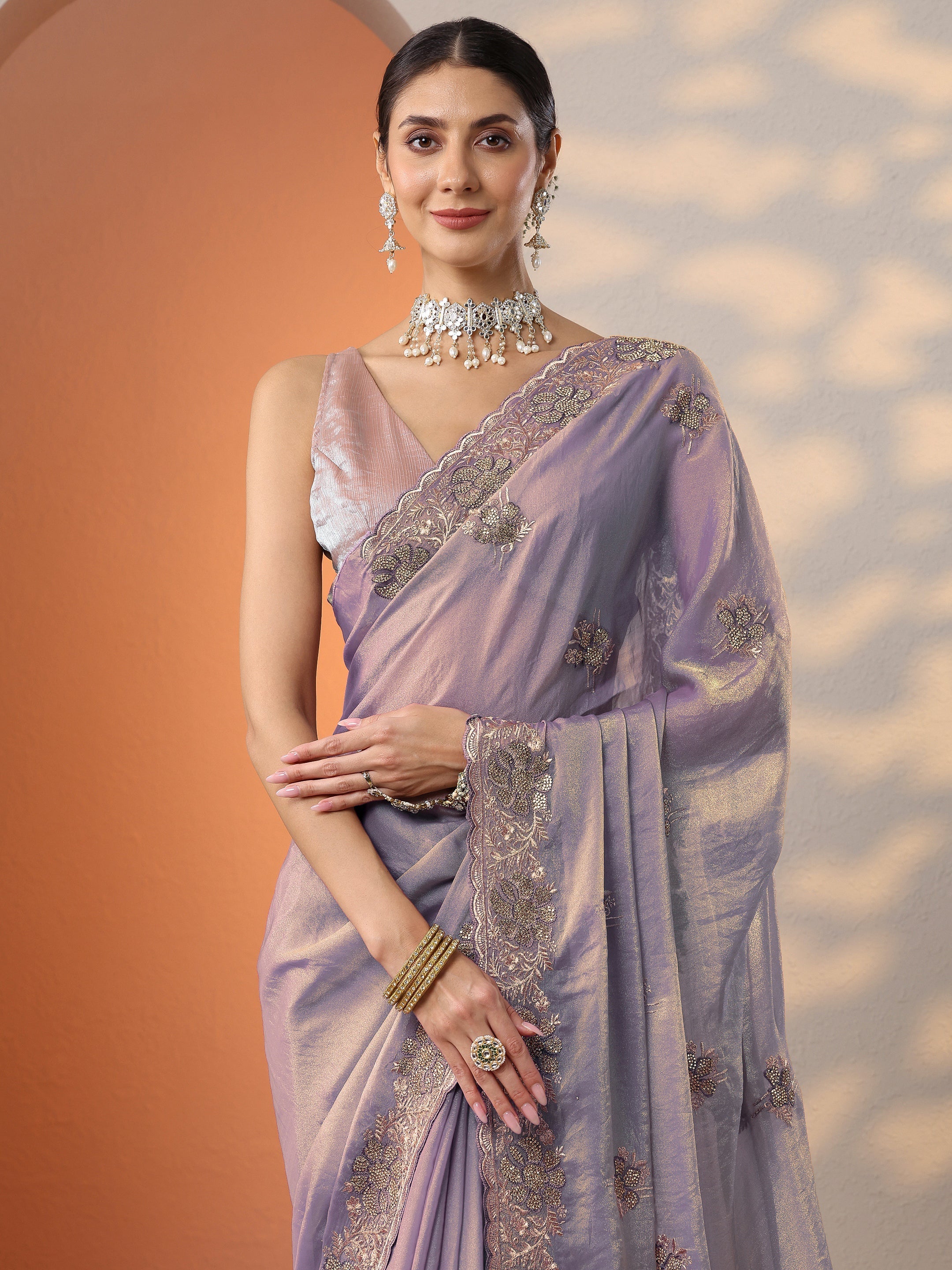 Lavender Embellished Organza Saree With Unstitched Blouse Piece
