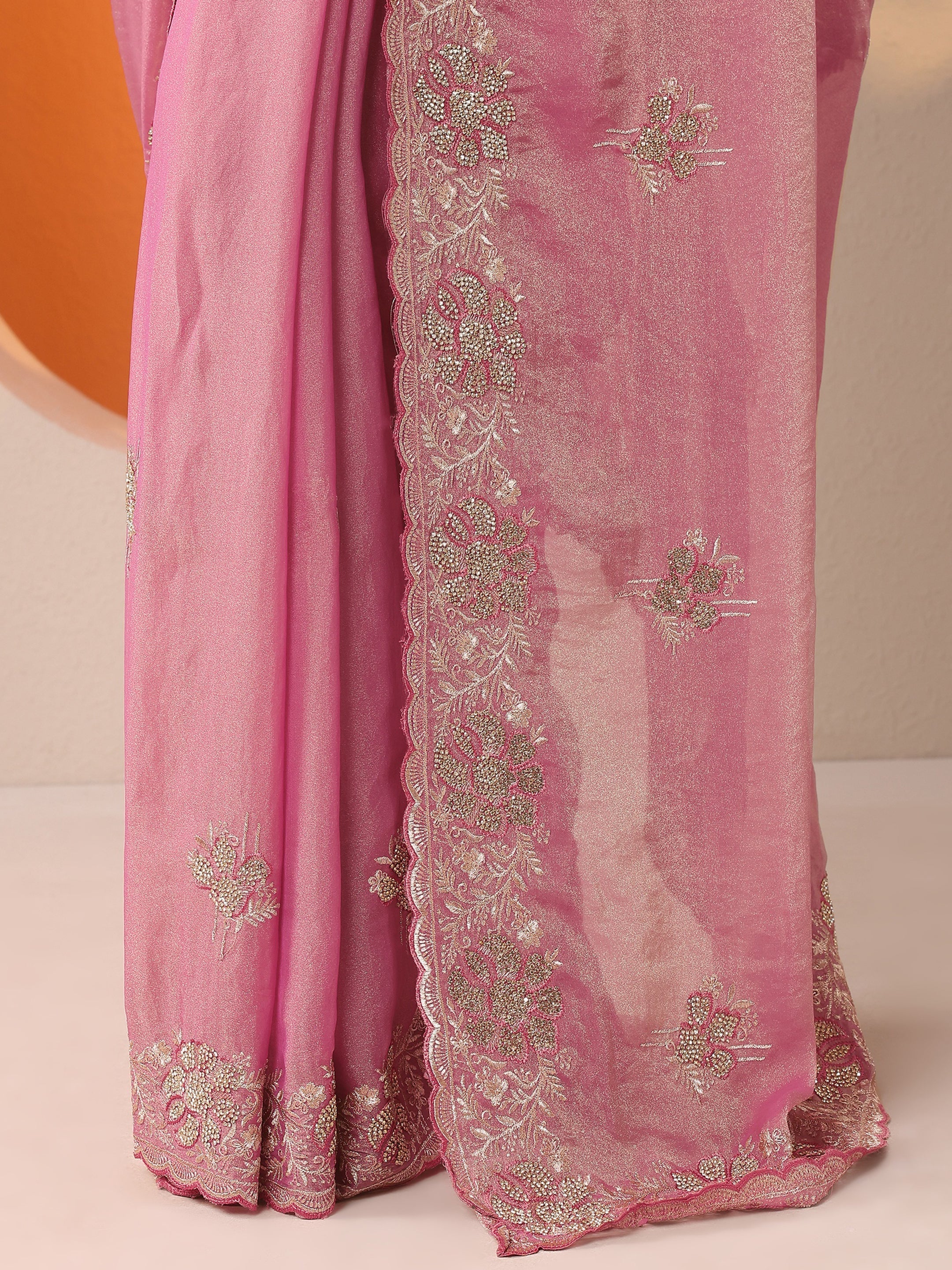 Pink Embellished Organza Saree With Unstitched Blouse Piece