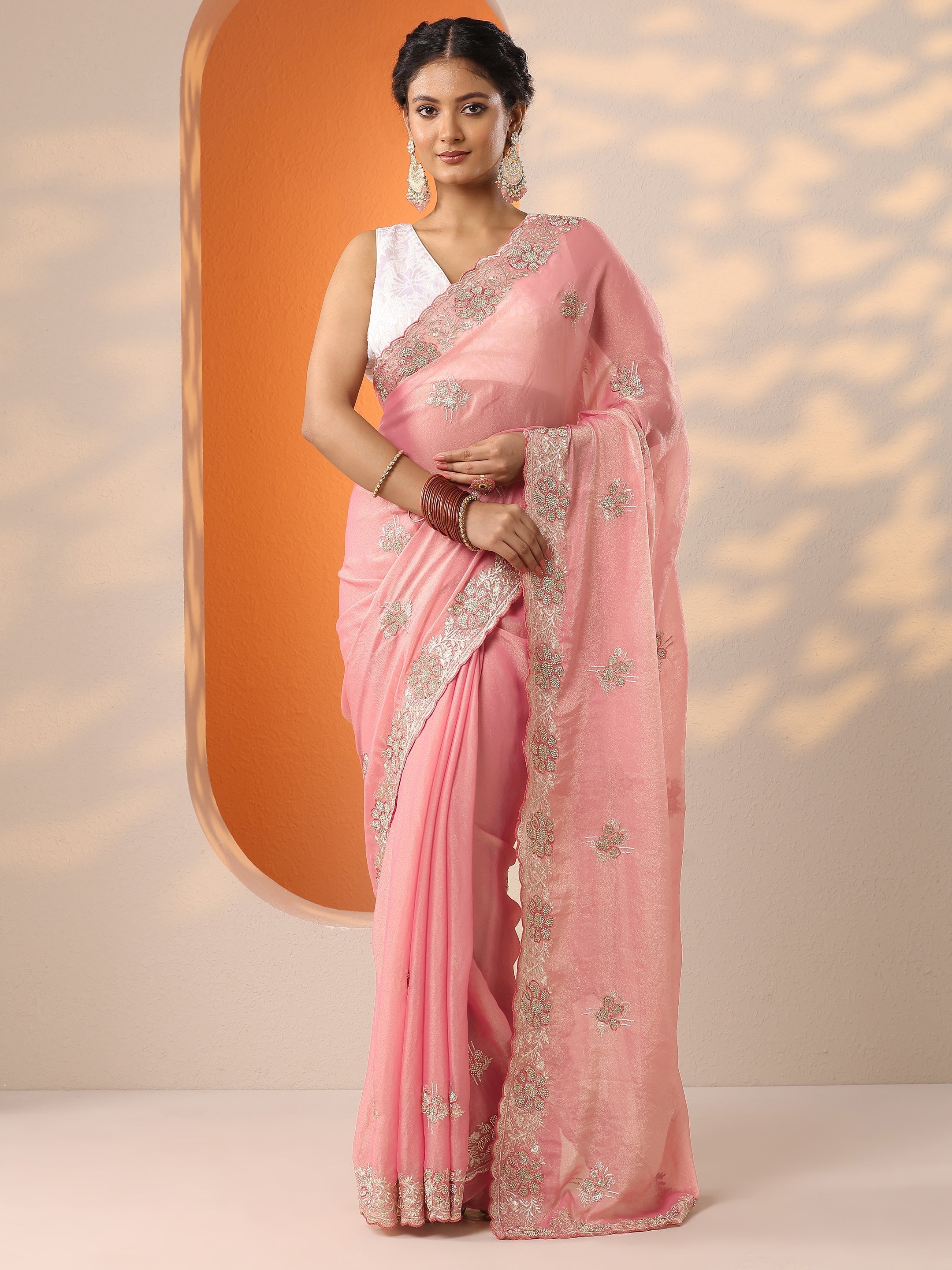 Peach Embellished Organza Saree With Unstitched Blouse Piece