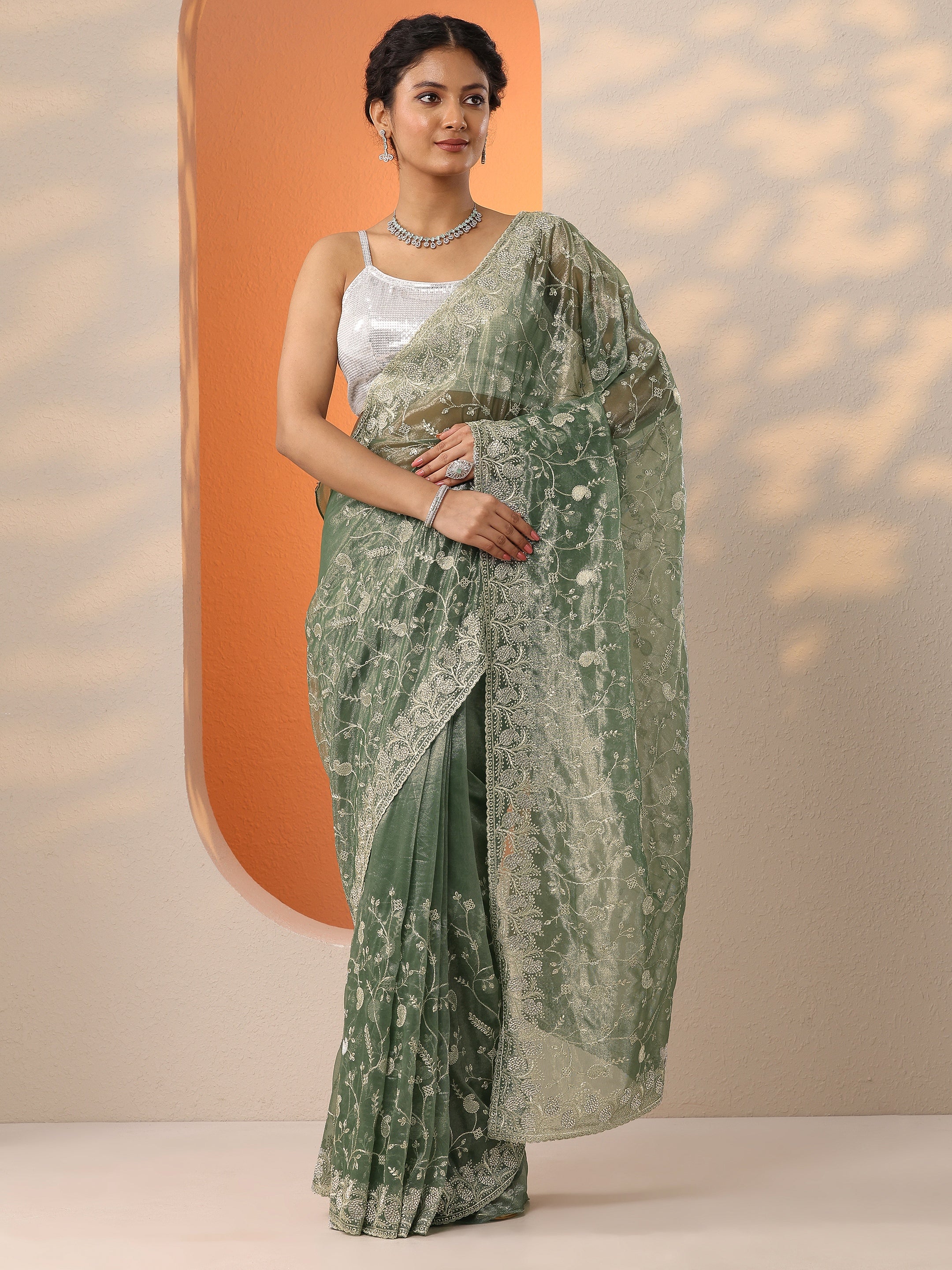 Green Embellished Nylon Saree With Unstitched Blouse Piece