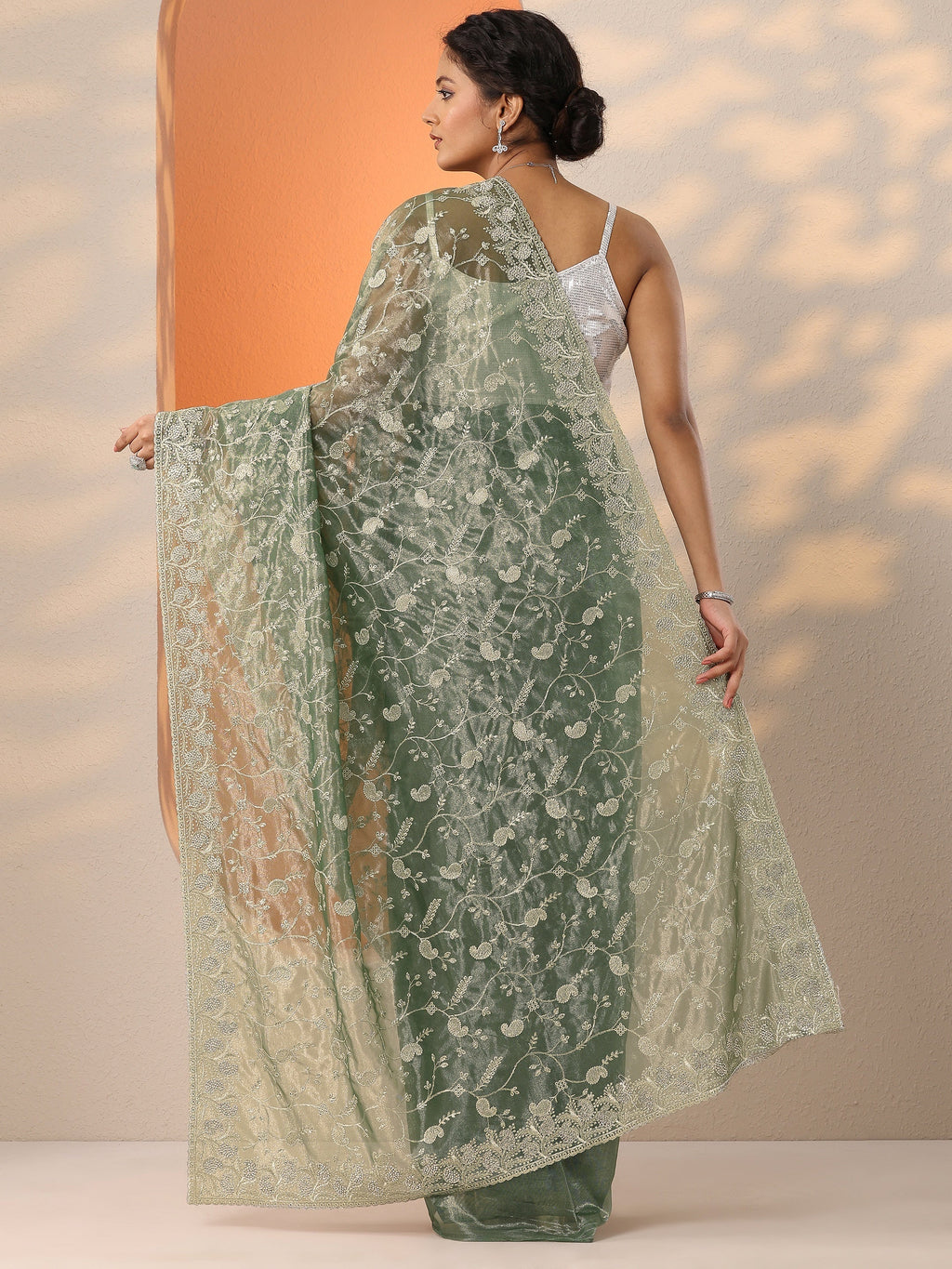 Green Embellished Nylon Saree With Unstitched Blouse Piece