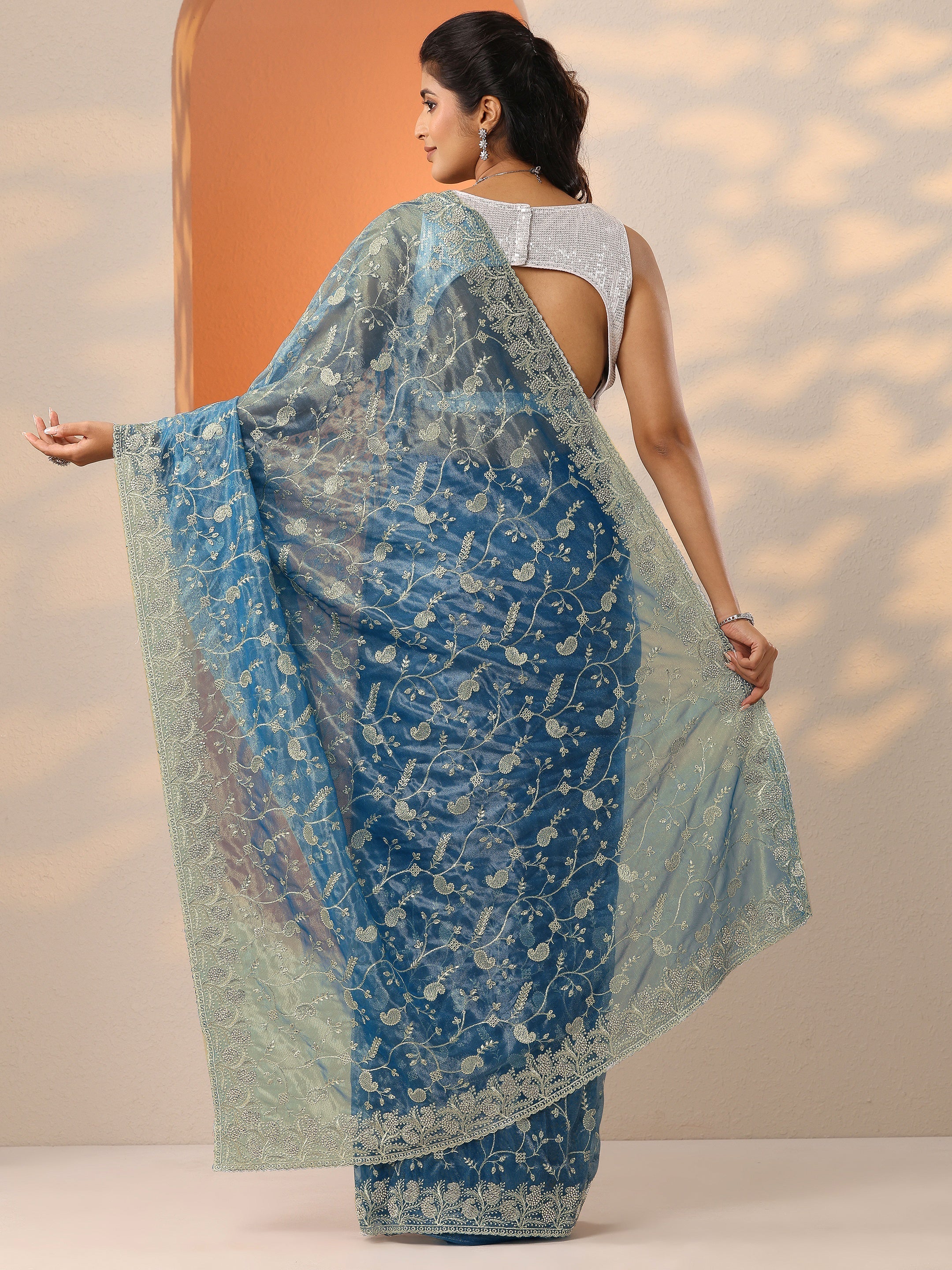 Blue Embellished Banarasi Nylon Saree With Unstitched Blouse Piece
