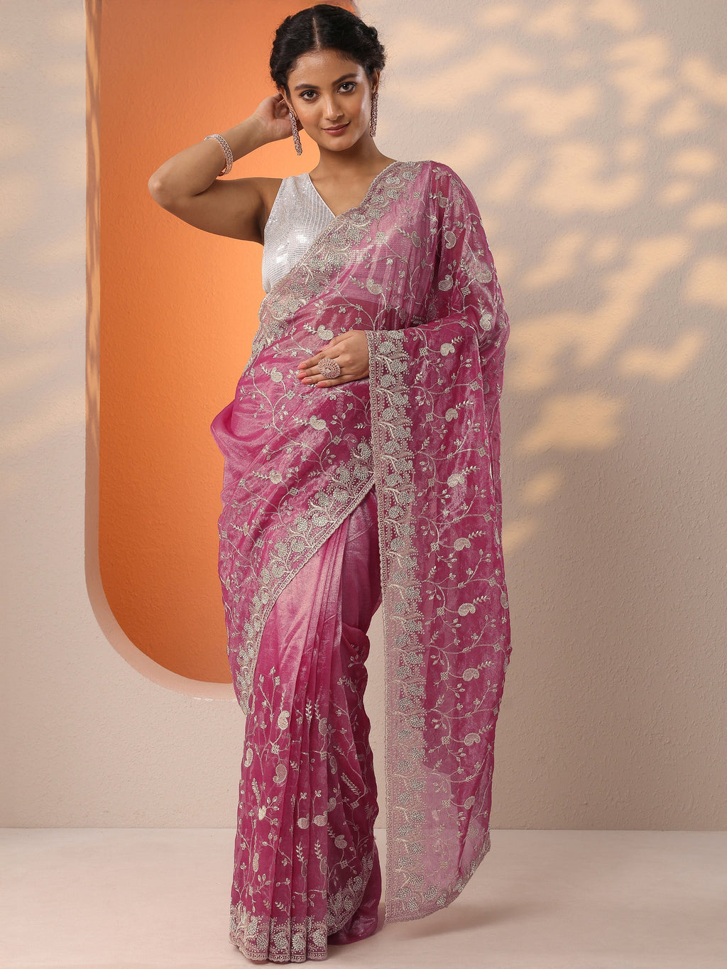 Pink Embellished Nylon Saree With Unstitched Blouse Piece