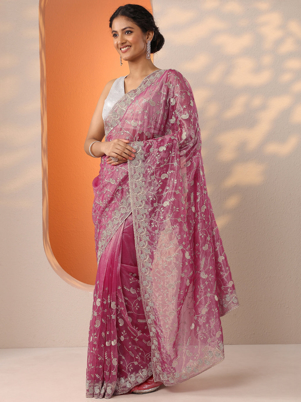 Pink Embellished Nylon Saree With Unstitched Blouse Piece