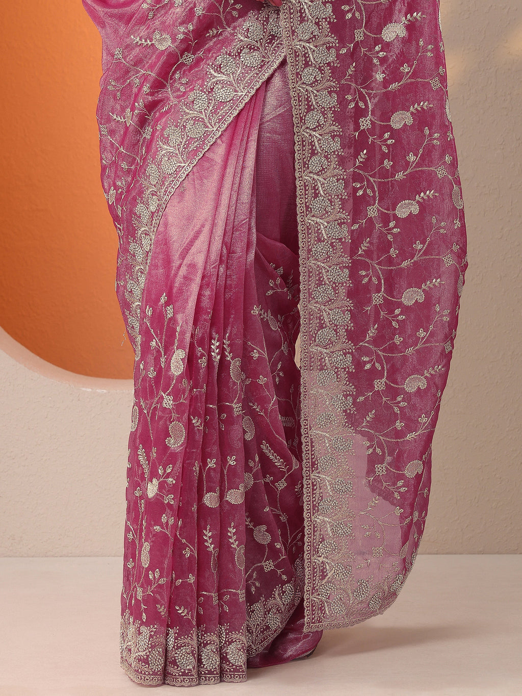 Pink Embellished Nylon Saree With Unstitched Blouse Piece
