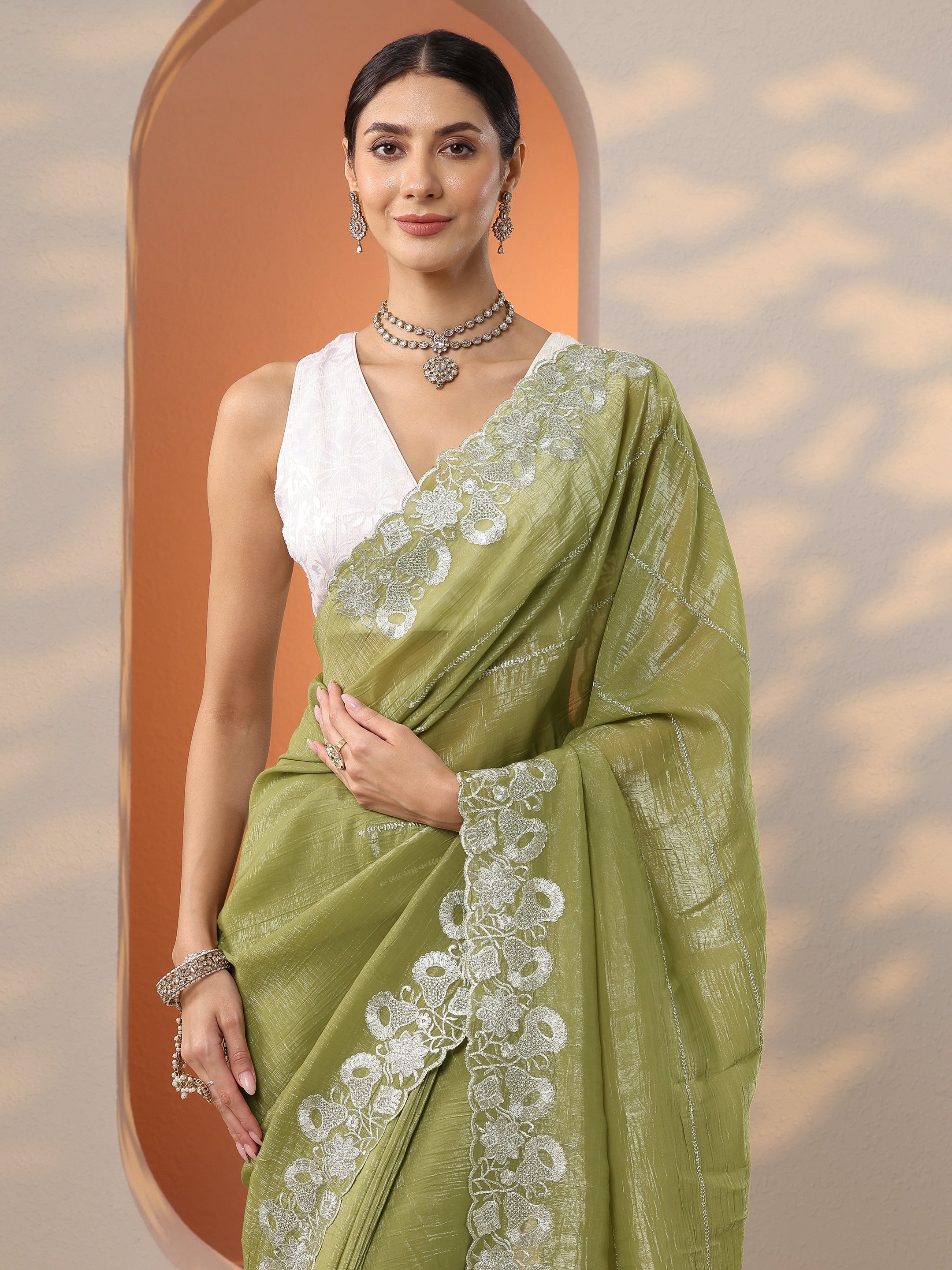 Green Embellished Chinon Saree With Unstitched Blouse Piece